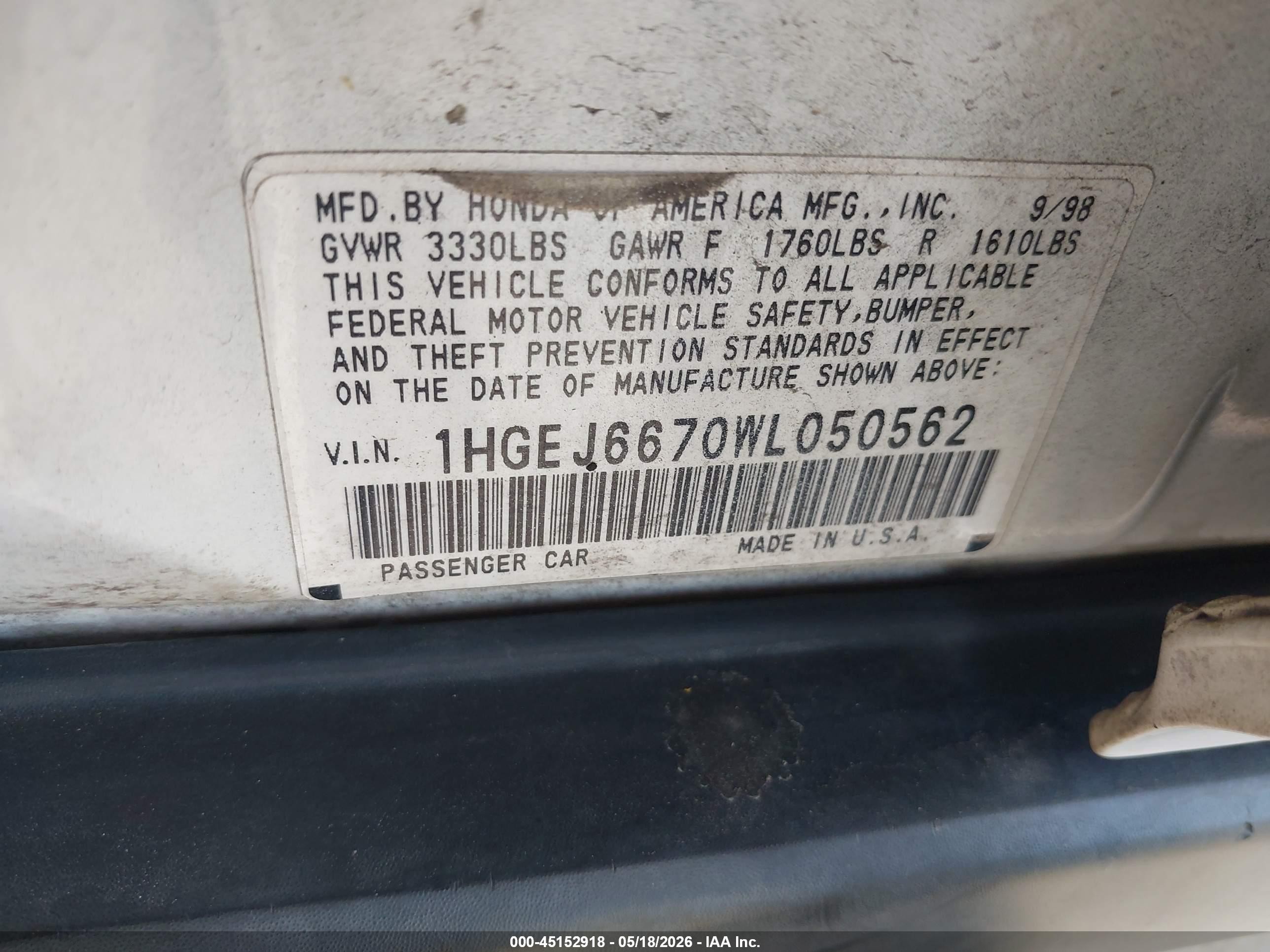 1998 Honda Civic Lx Белый vin: 1HGEJ6670WL050562