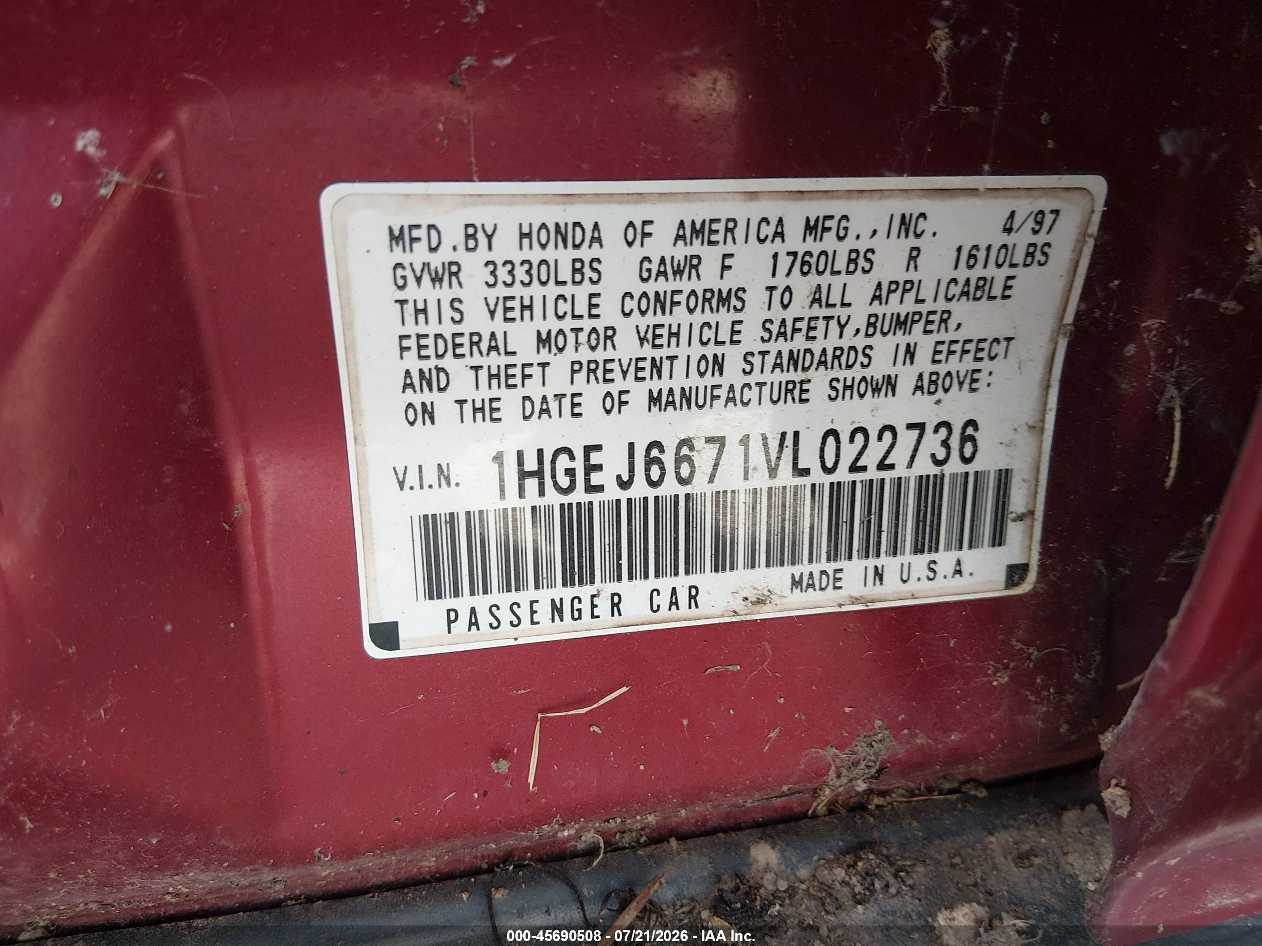 1997 Honda Civic Lx Красный vin: 1HGEJ6671VL022736