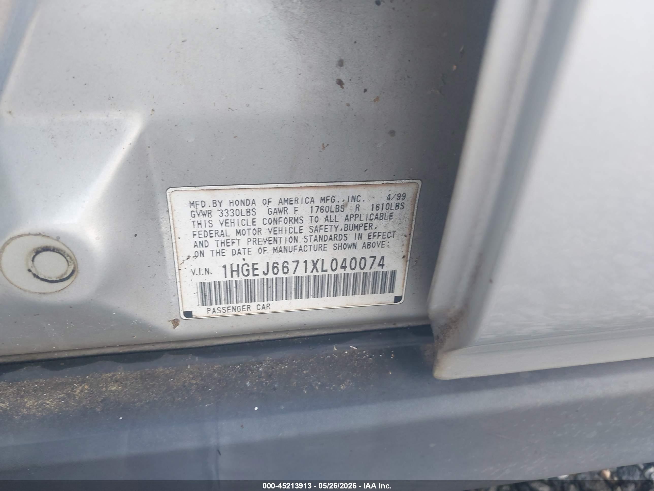1999 Honda Civic Lx Серый vin: 1HGEJ6671XL040074