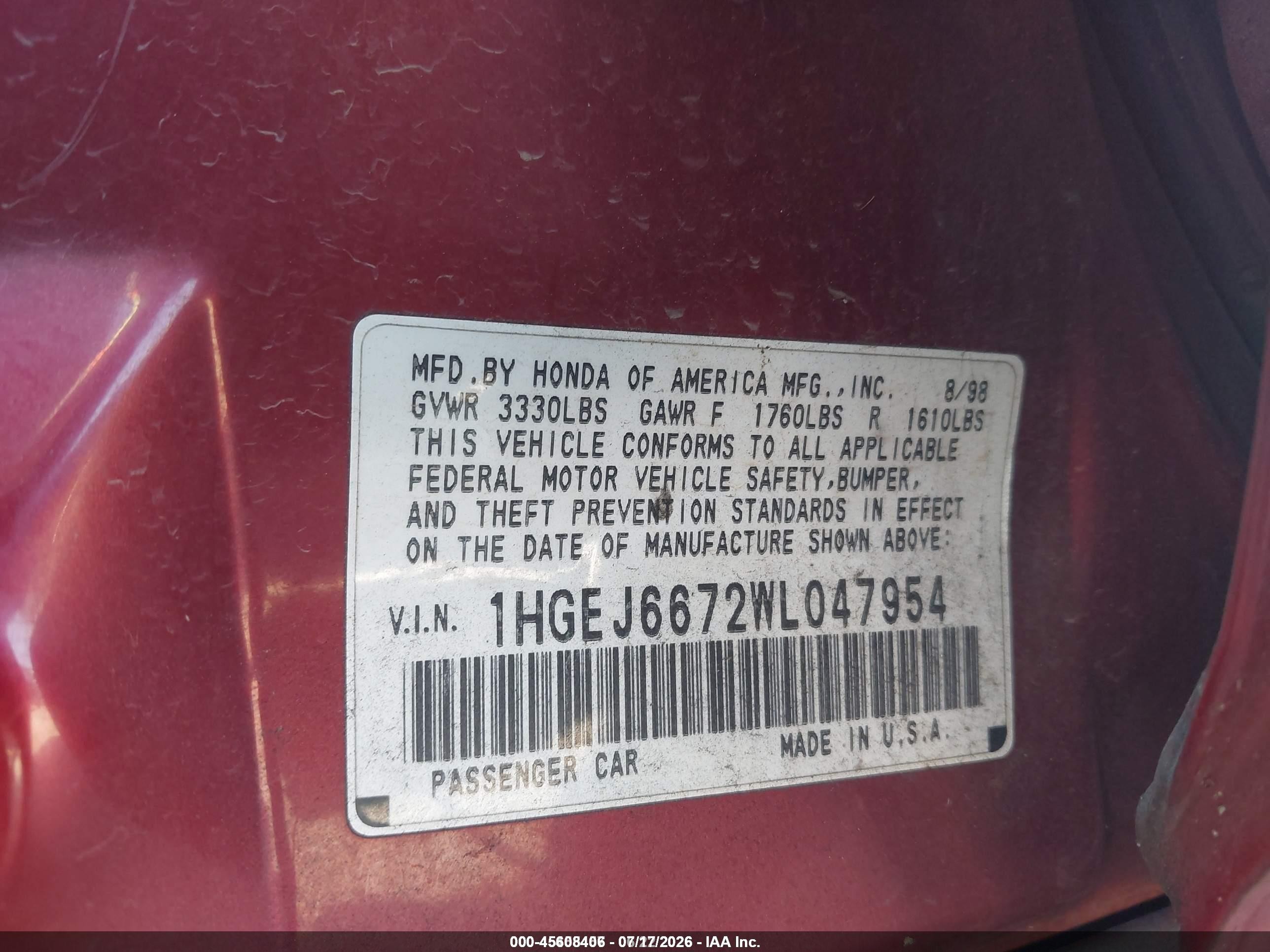 1998 Honda Civic Lx Red vin: 1HGEJ6672WL047954