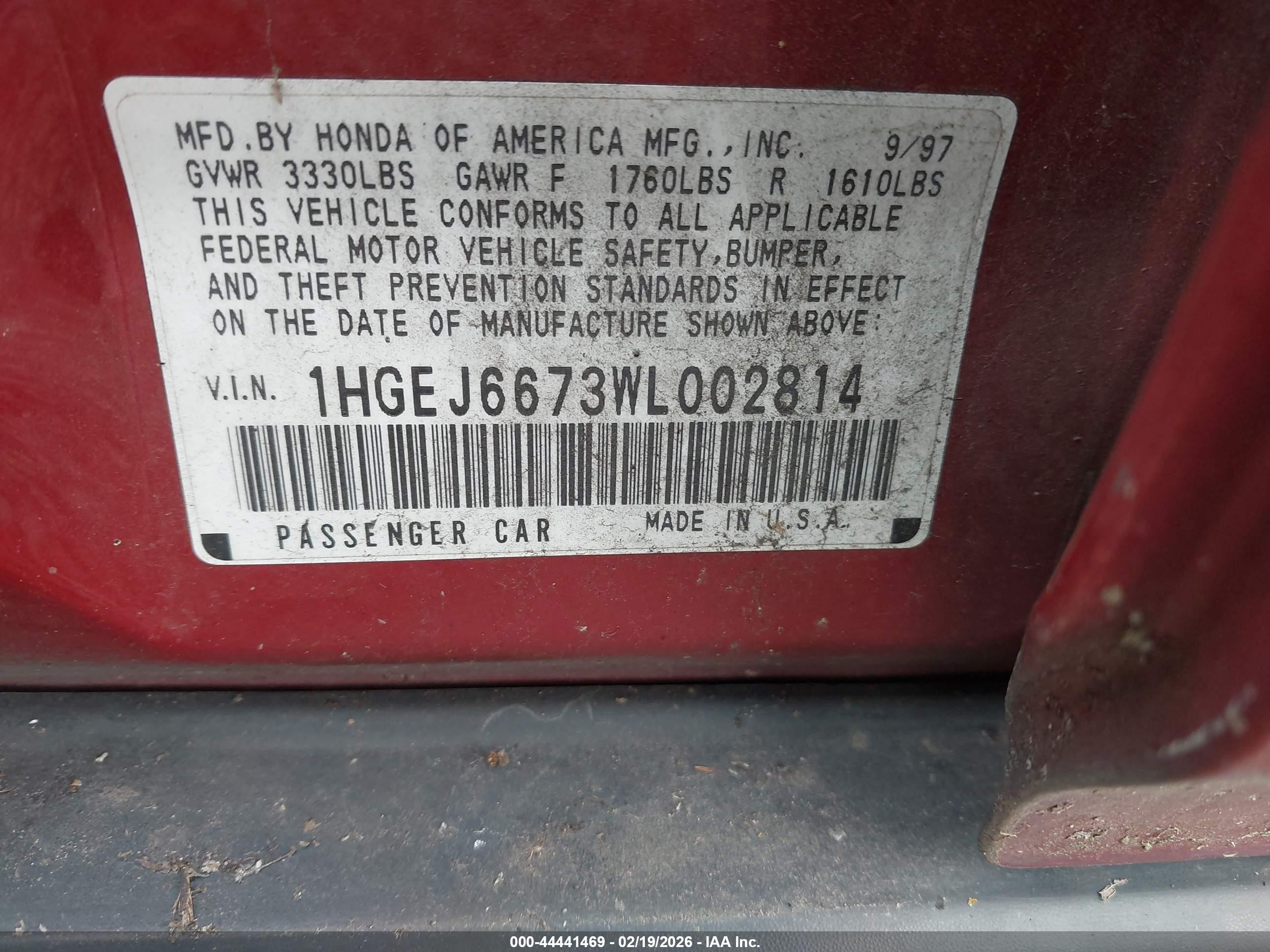 1998 Honda Civic Lx Red vin: 1HGEJ6673WL002814
