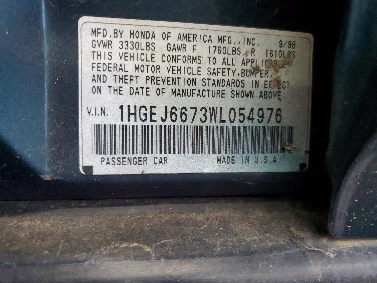 1998 Honda Civic Lx Green vin: 1HGEJ6673WL054976