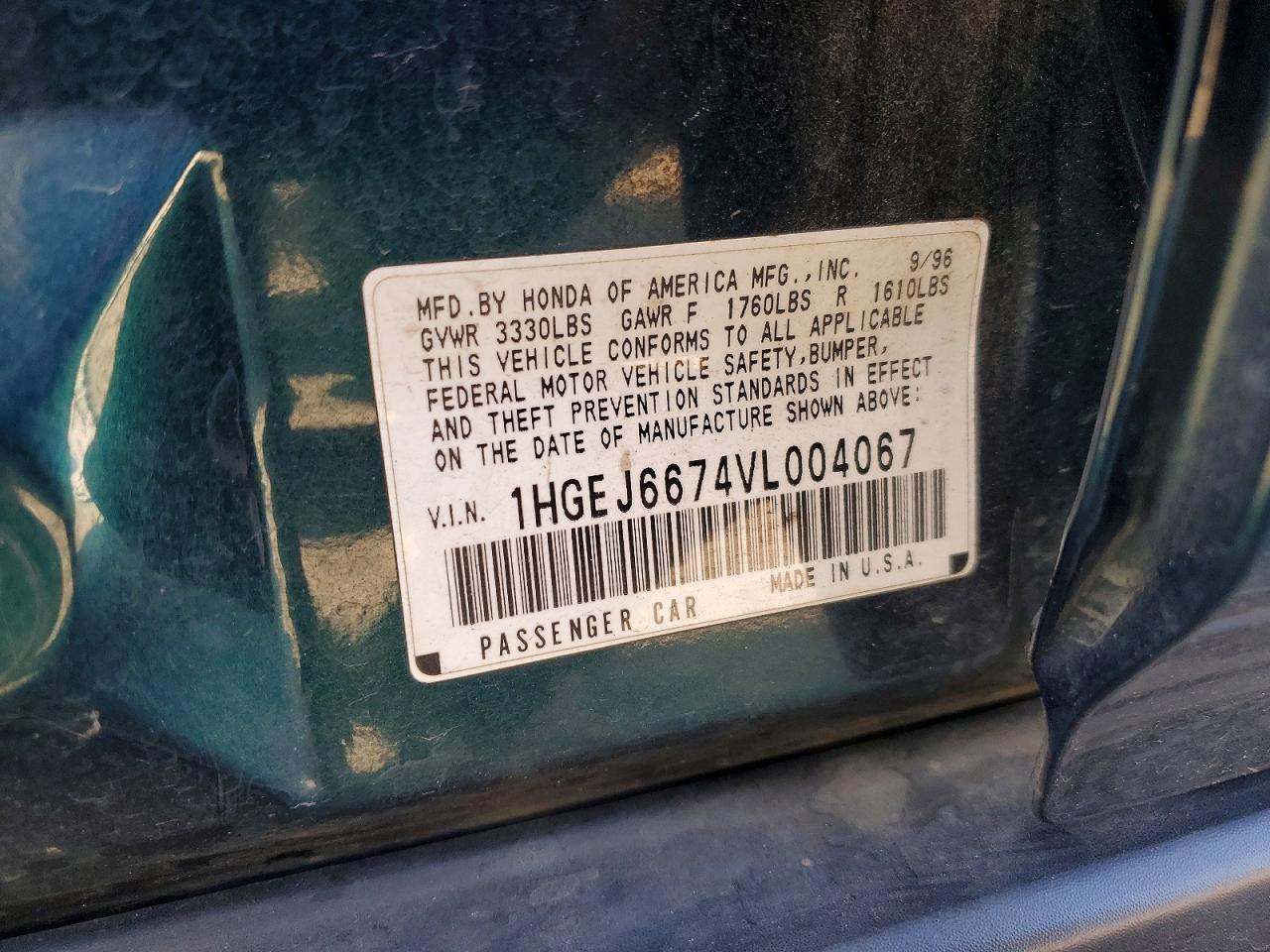 1997 Honda Civic Lx Green vin: 1HGEJ6674VL004067