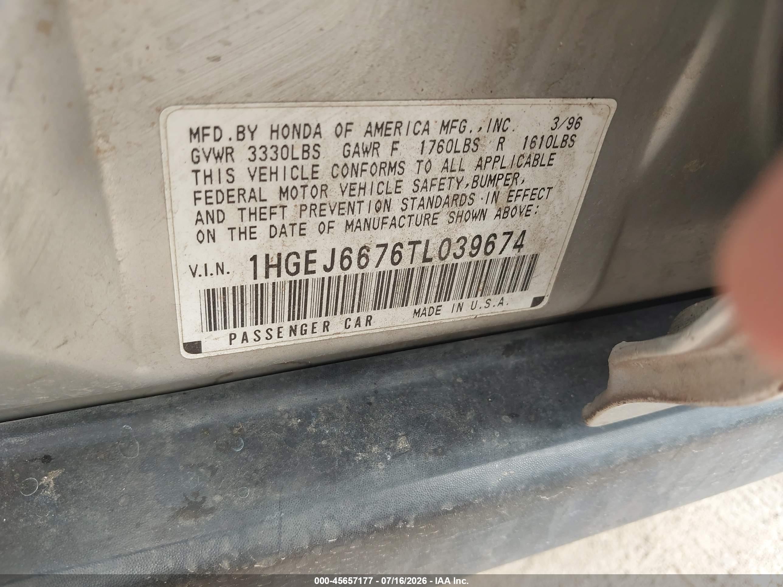1996 Honda Civic Lx Silver vin: 1HGEJ6676TL039674