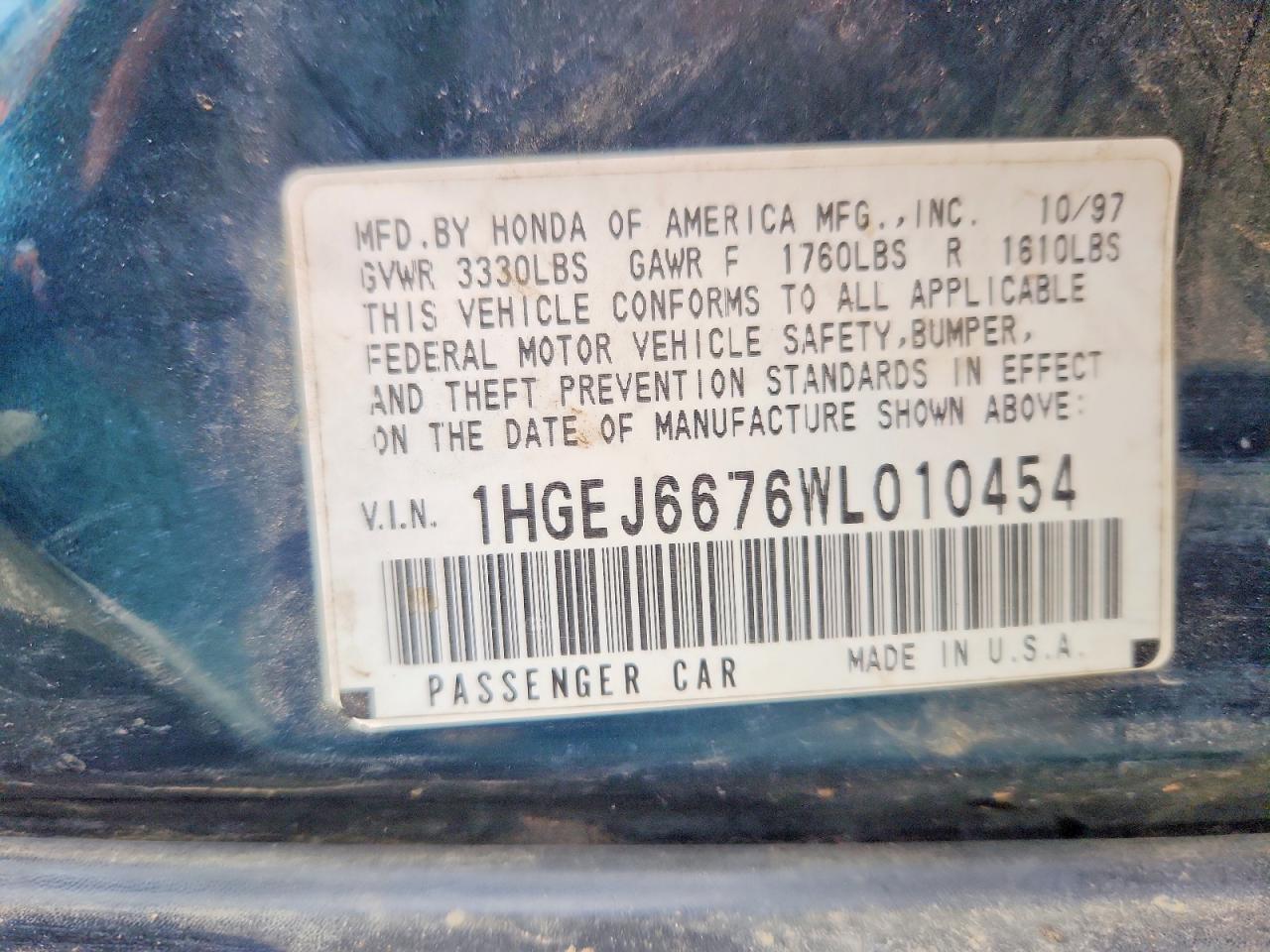 1998 Honda Civic Lx Green vin: 1HGEJ6676WL010454