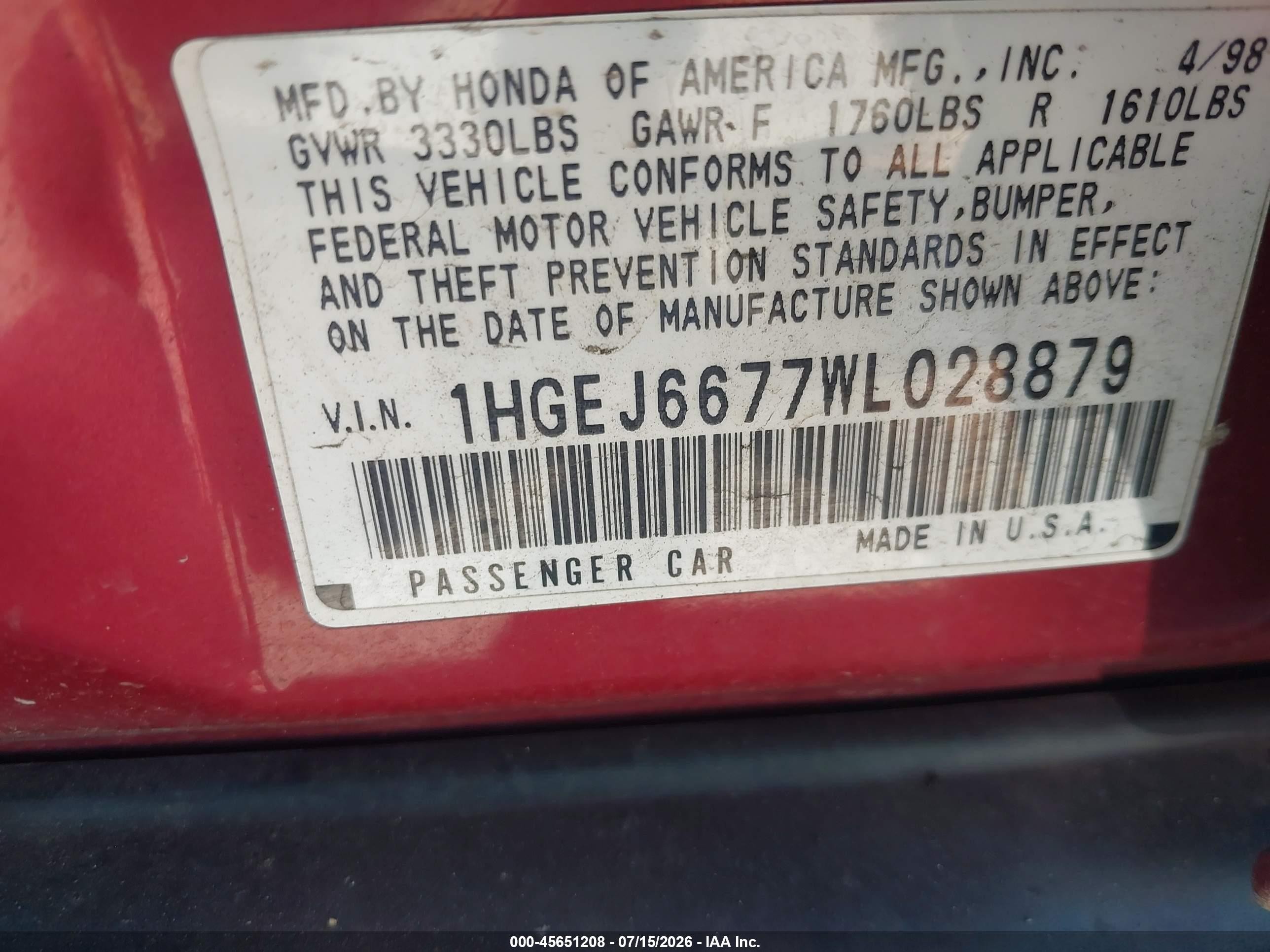 1998 Honda Civic Lx Red vin: 1HGEJ6677WL028879