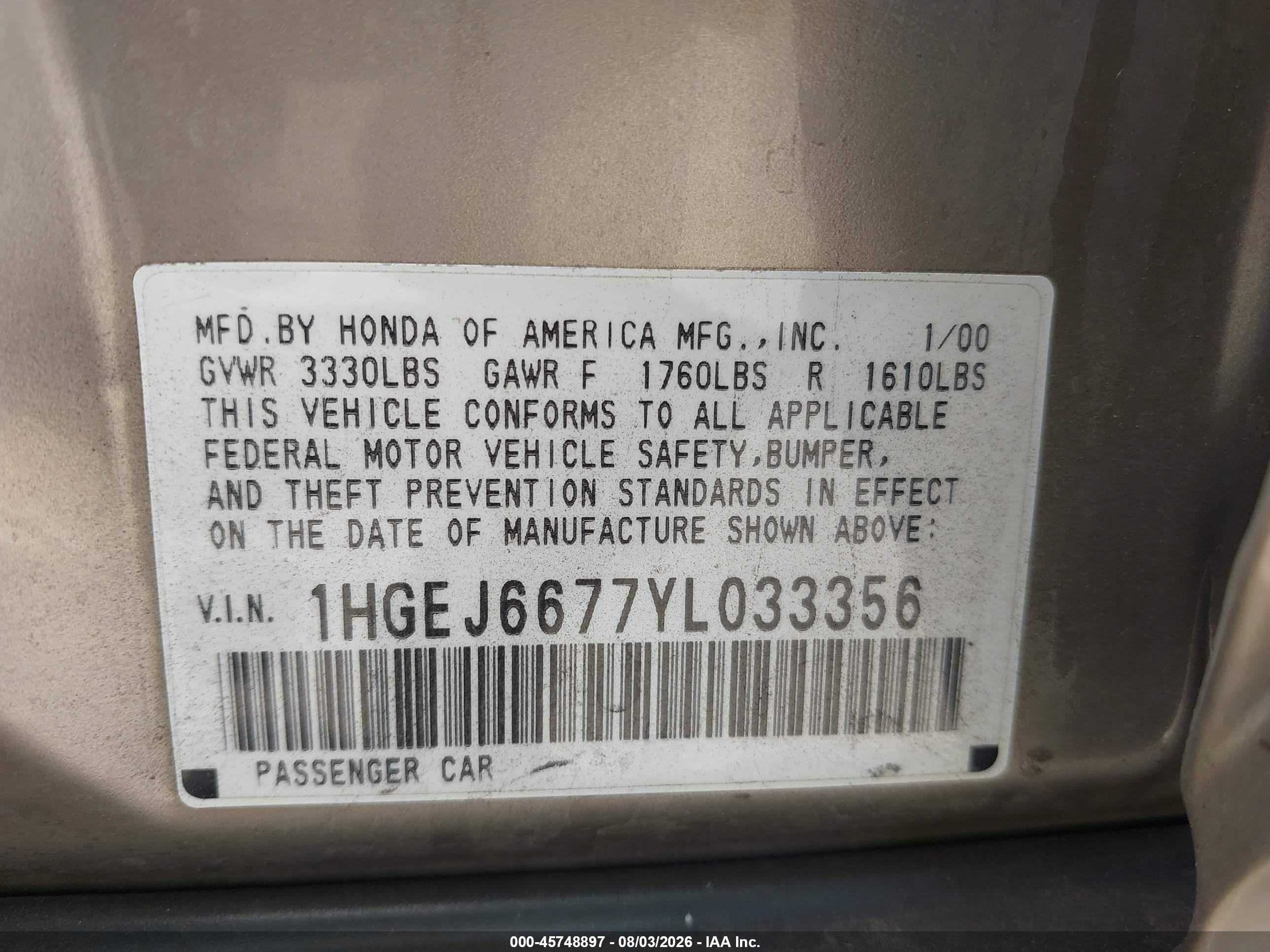 2000 Honda Civic Lx Beige vin: 1HGEJ6677YL033356