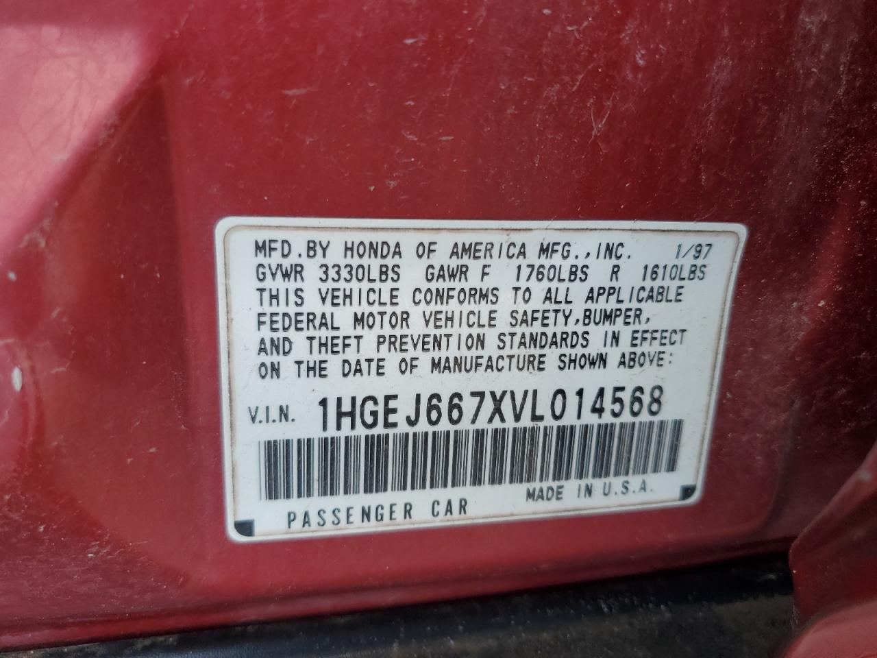 1997 Honda Civic Lx Red vin: 1HGEJ667XVL014568