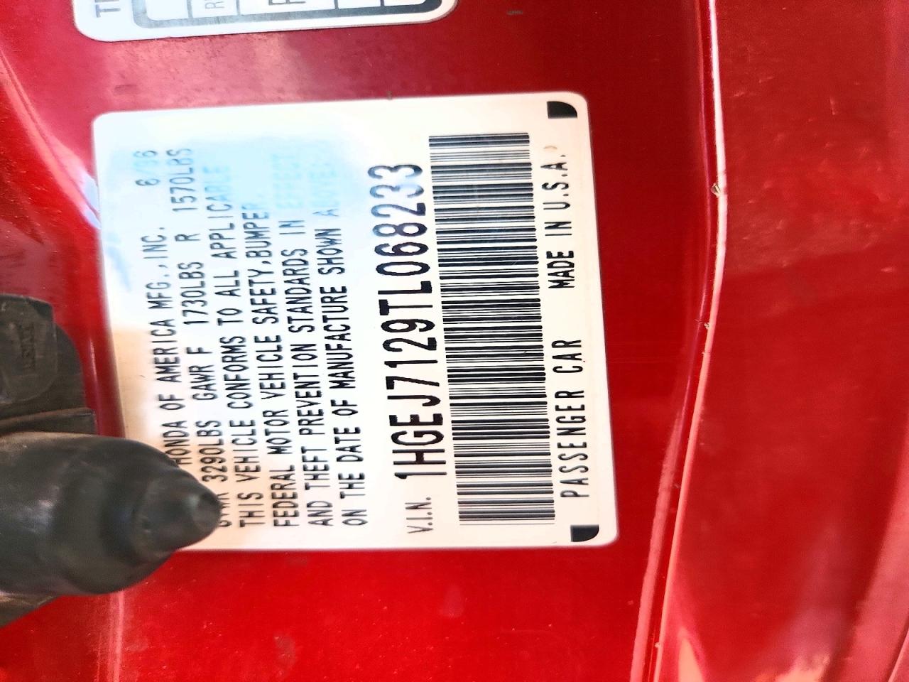 1996 Honda Civic Красный vin: 1HGEJ7129TL068233