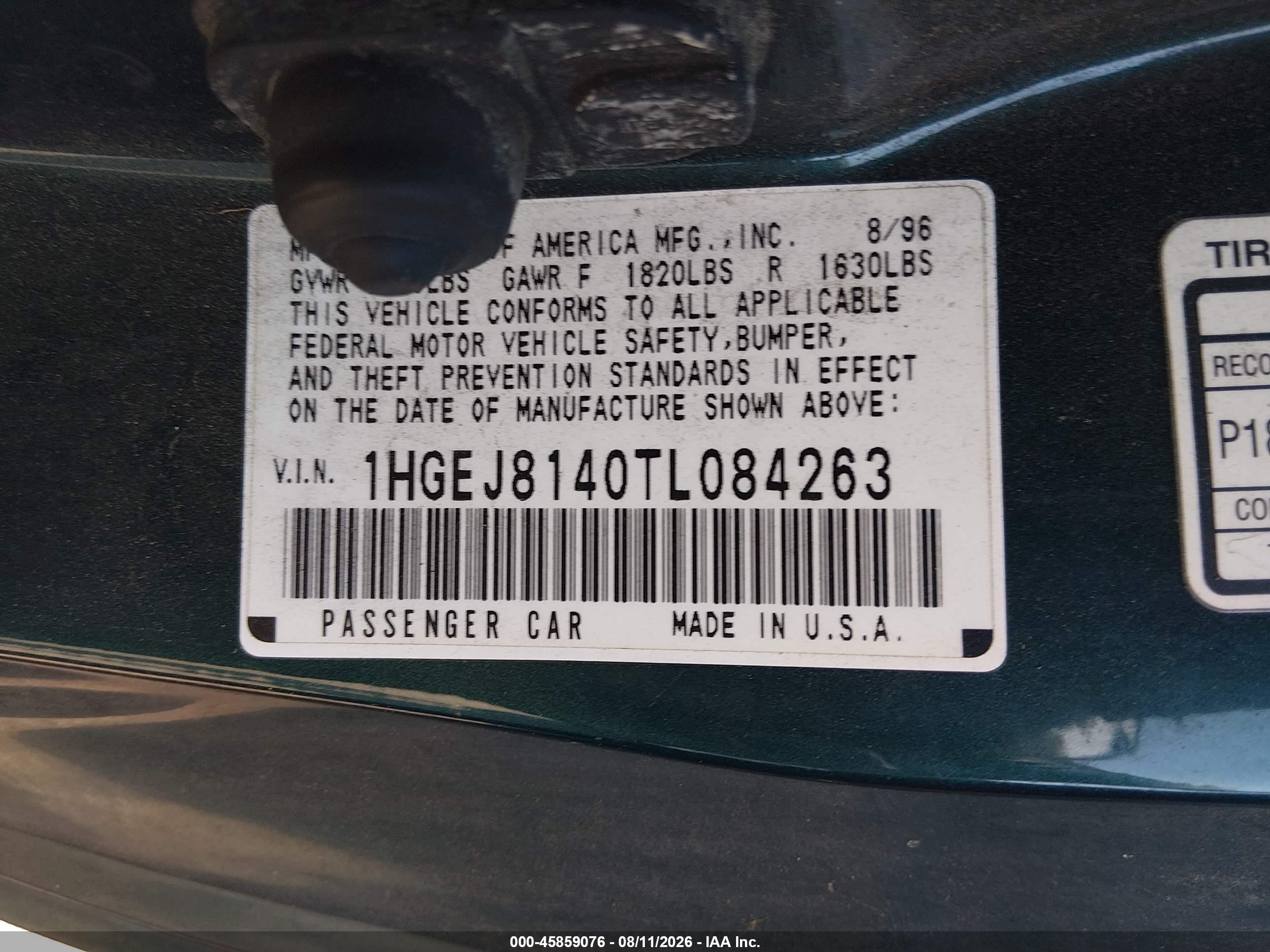 1996 Honda Civic Ex Green vin: 1HGEJ8140TL084263