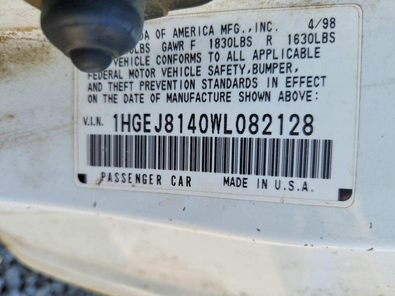 1998 Honda Civic Ex White vin: 1HGEJ8140WL082128
