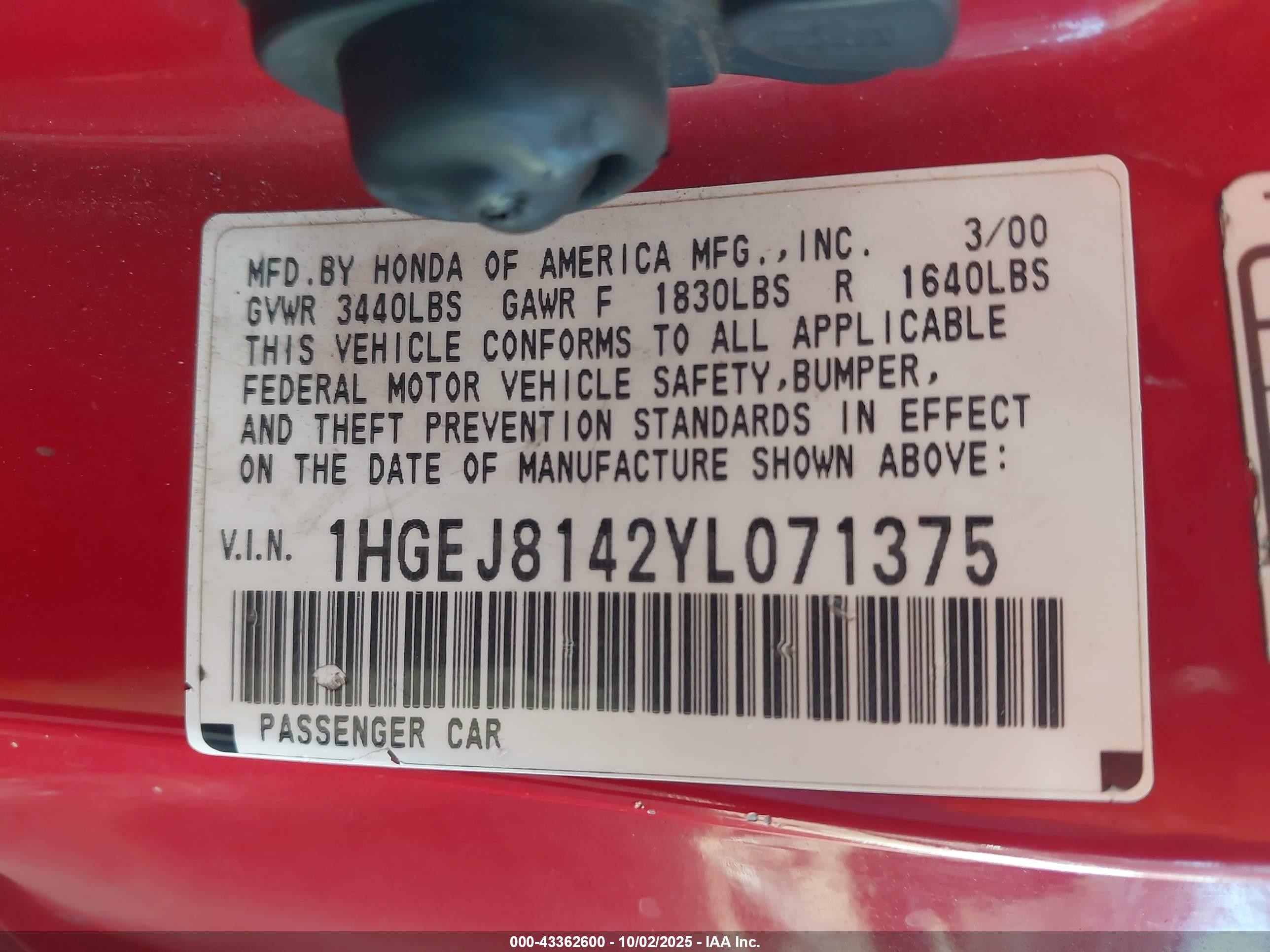 2000 Honda Civic Ex Red vin: 1HGEJ8142YL071375