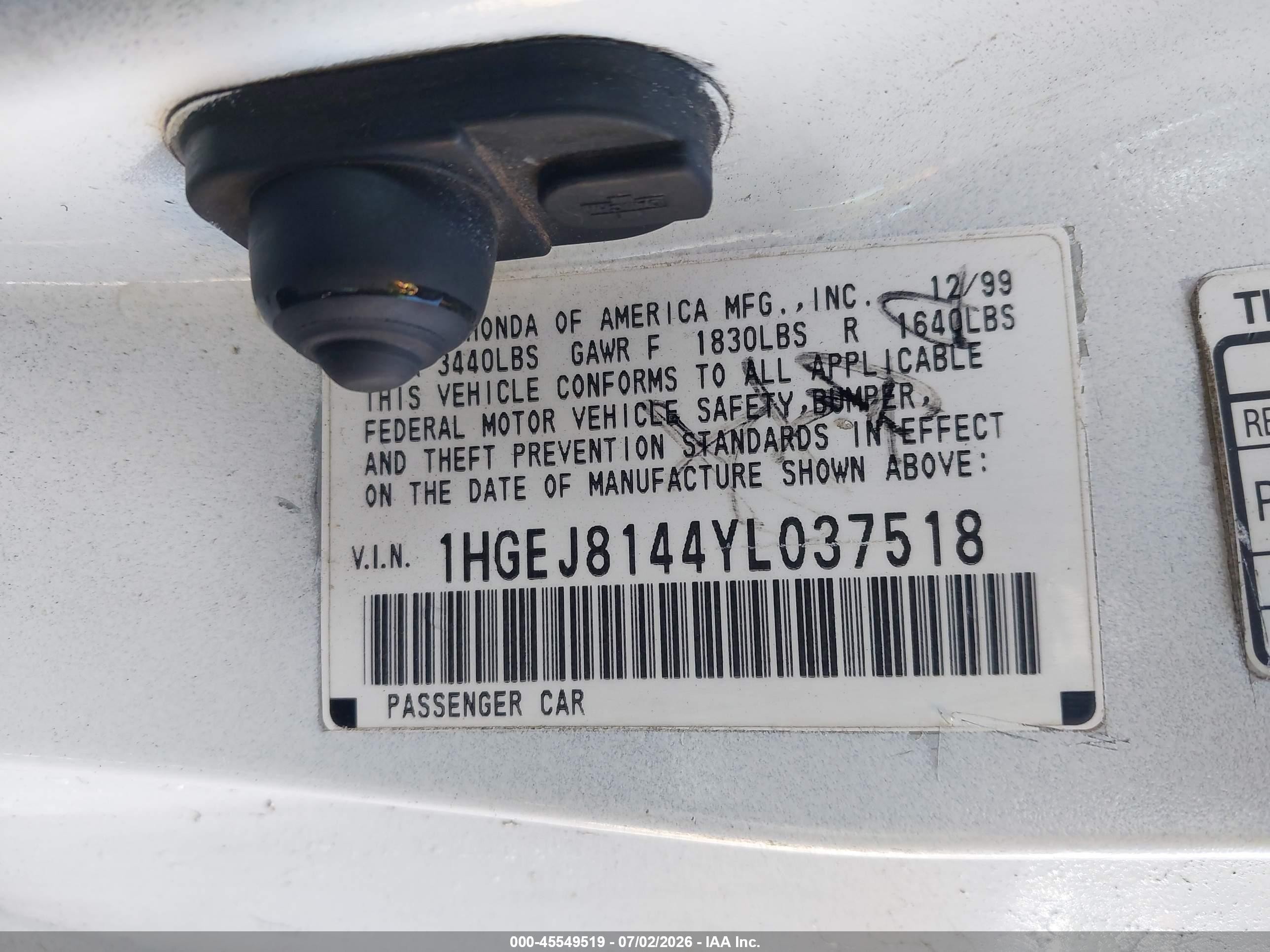 2000 Honda Civic Ex White vin: 1HGEJ8144YL037518
