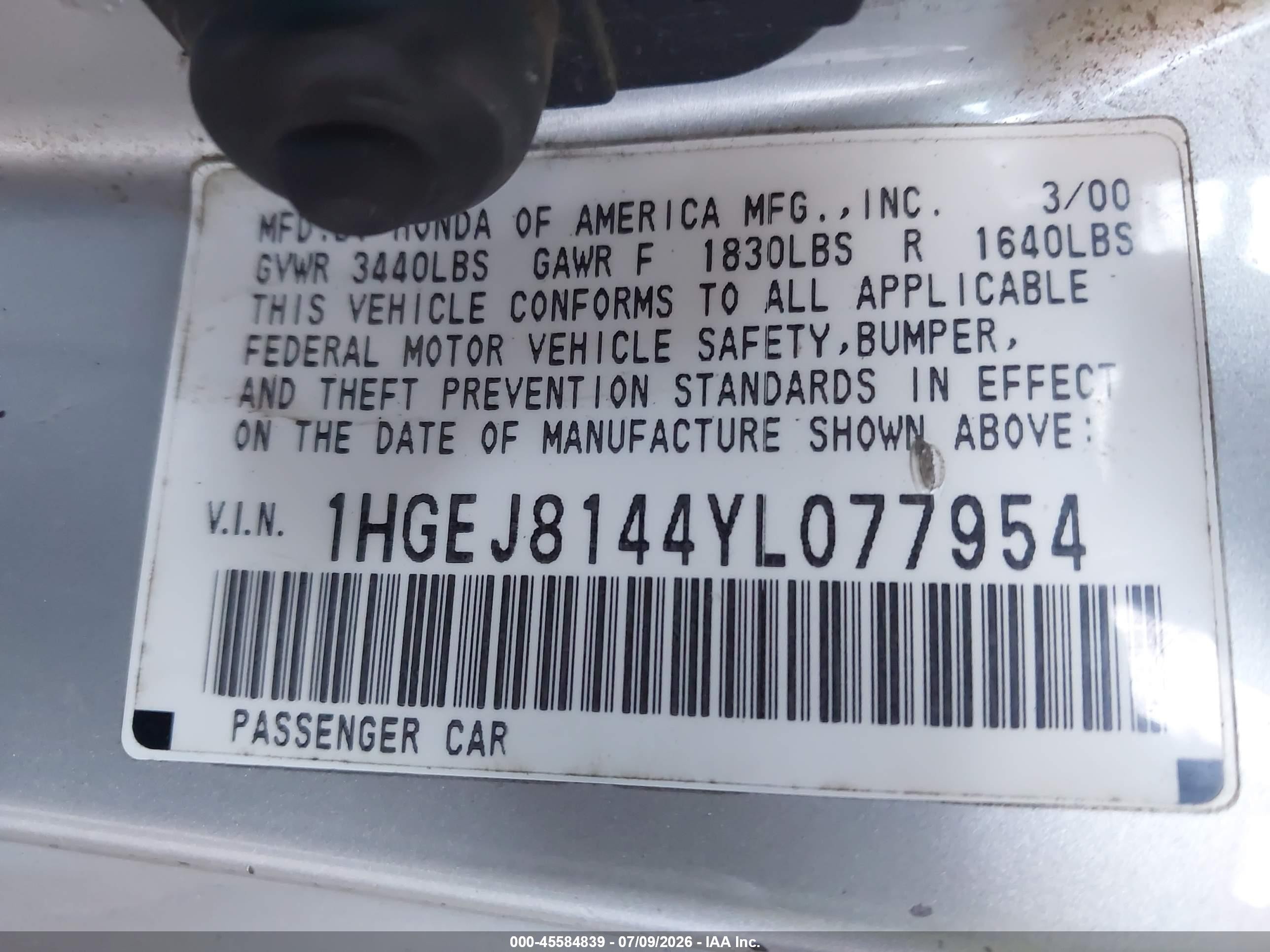 2000 Honda Civic Ex Silver vin: 1HGEJ8144YL077954