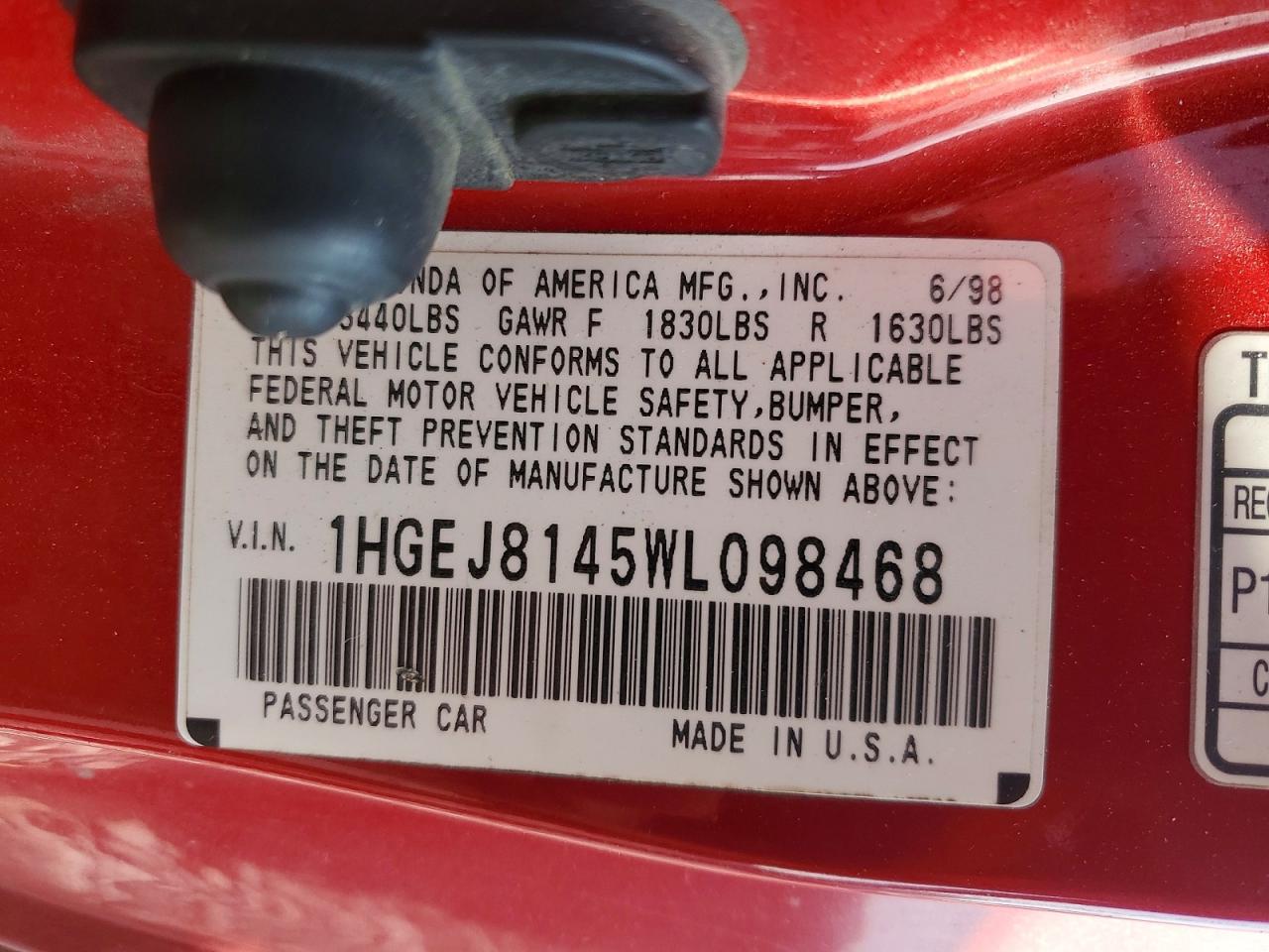 1998 Honda Civic Ex Red vin: 1HGEJ8145WL098468