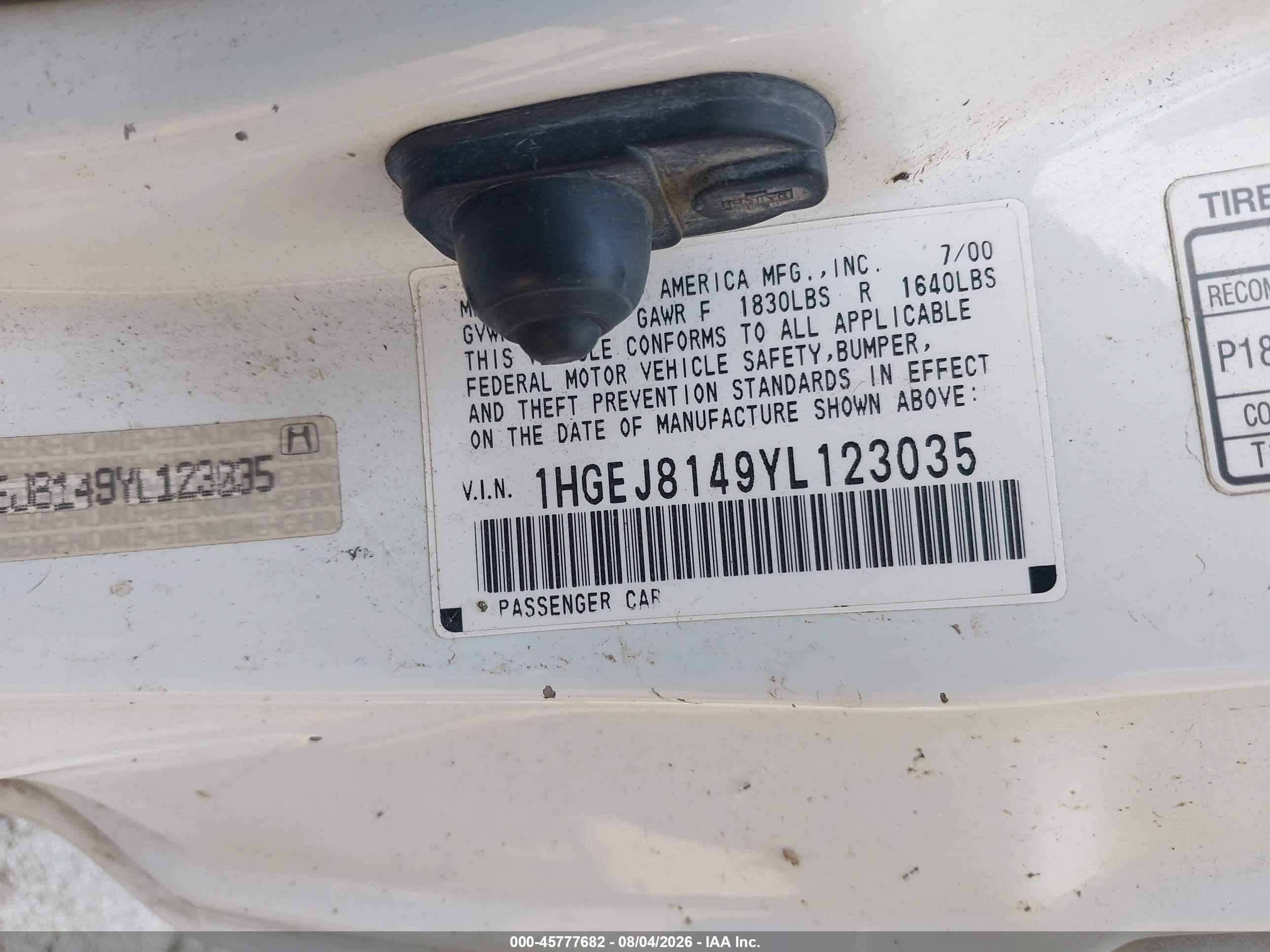 2000 Honda Civic Ex White vin: 1HGEJ8149YL123035
