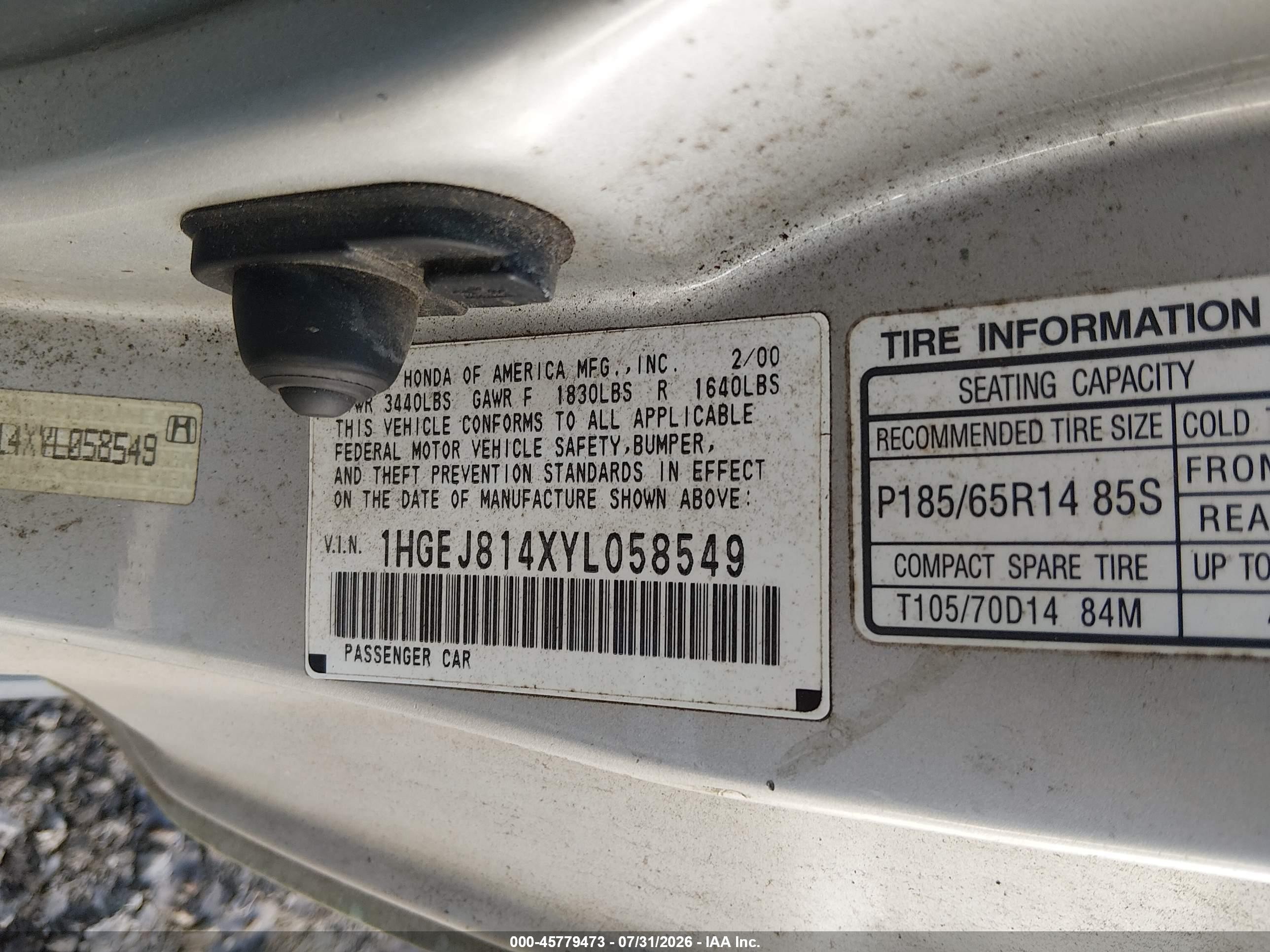 2000 Honda Civic Ex Silver vin: 1HGEJ814XYL058549