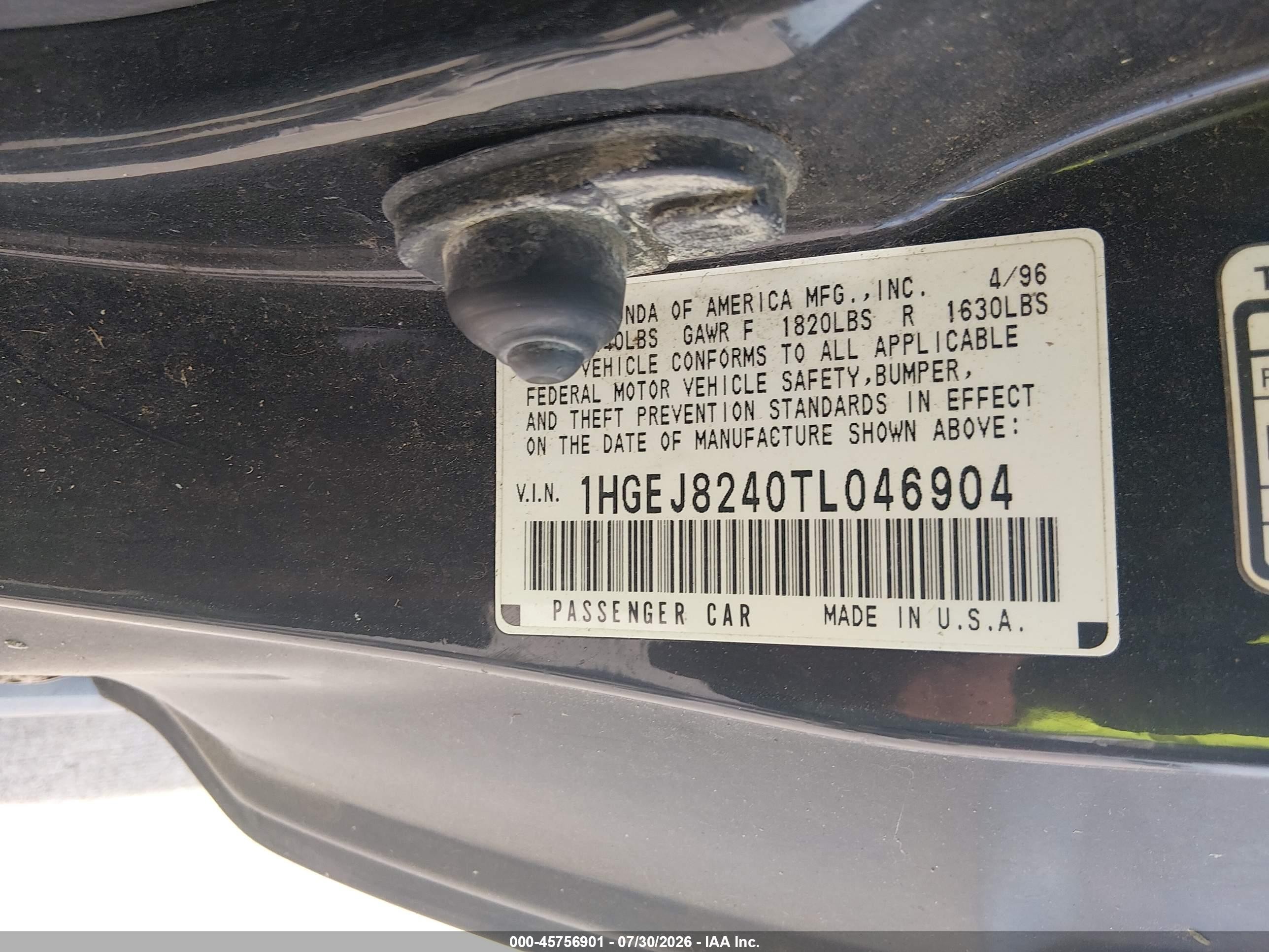 1996 Honda Civic Ex Black vin: 1HGEJ8240TL046904