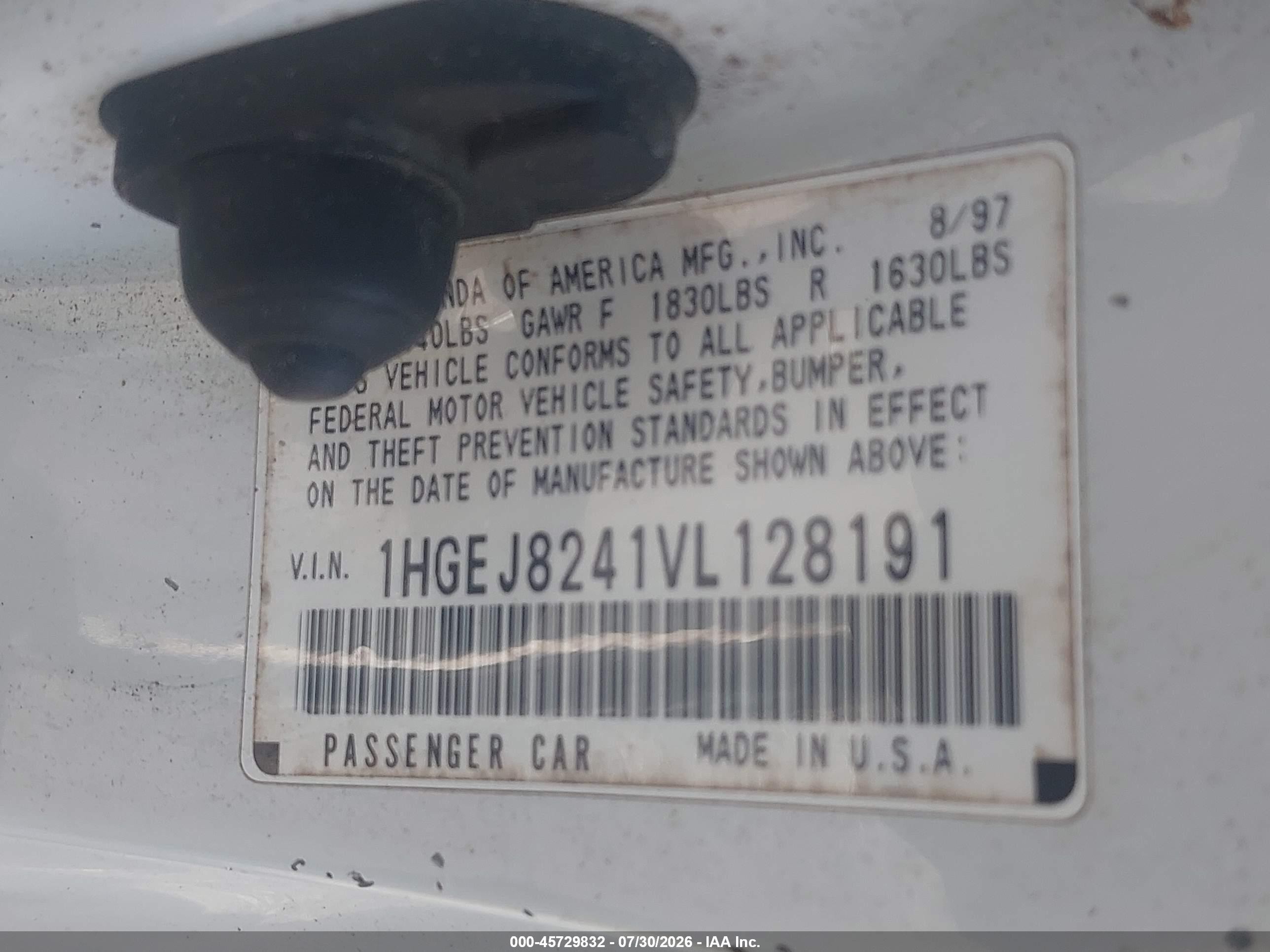1997 Honda Civic Ex Белый vin: 1HGEJ8241VL128191