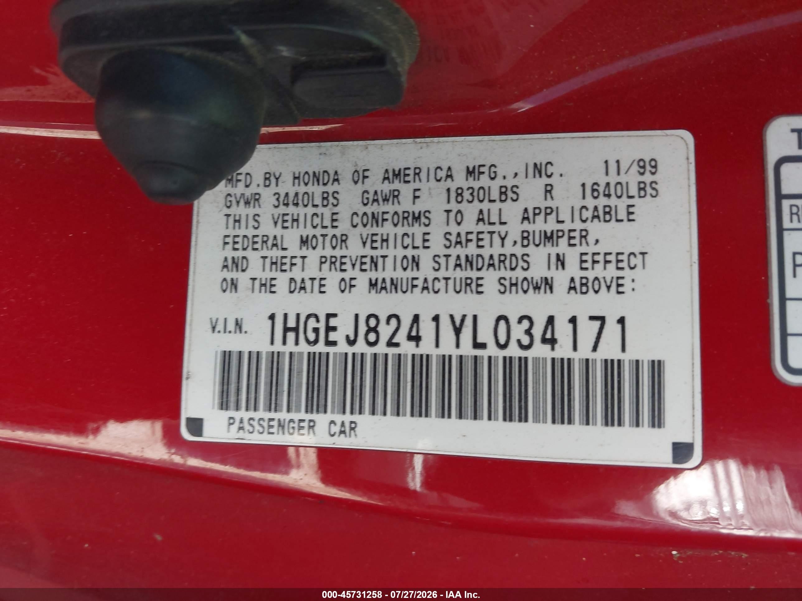 2000 Honda Civic Ex Red vin: 1HGEJ8241YL034171