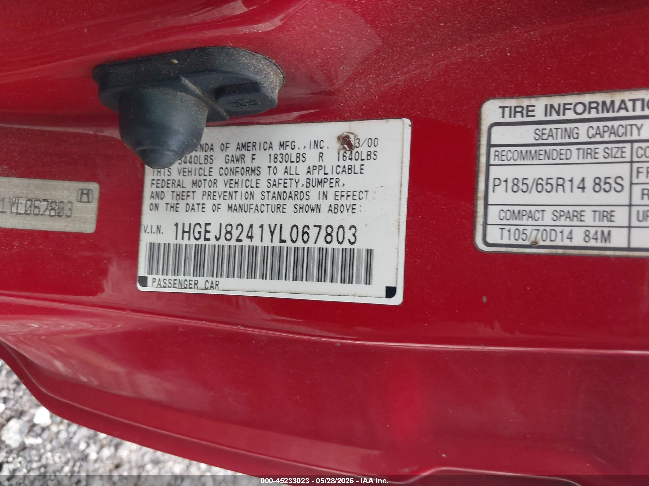 2000 Honda Civic Ex Red vin: 1HGEJ8241YL067803
