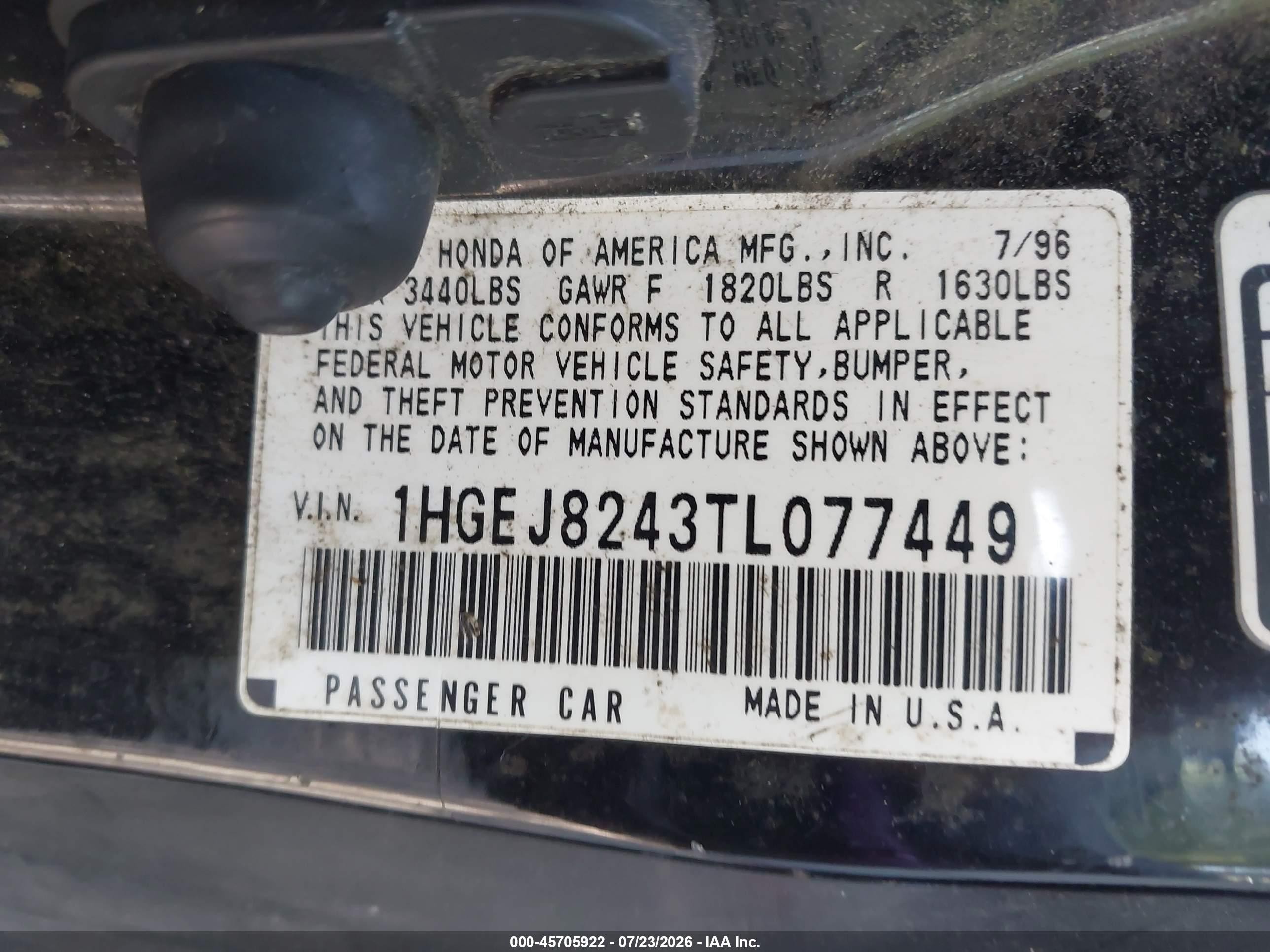 1996 Honda Civic Ex Black vin: 1HGEJ8243TL077449