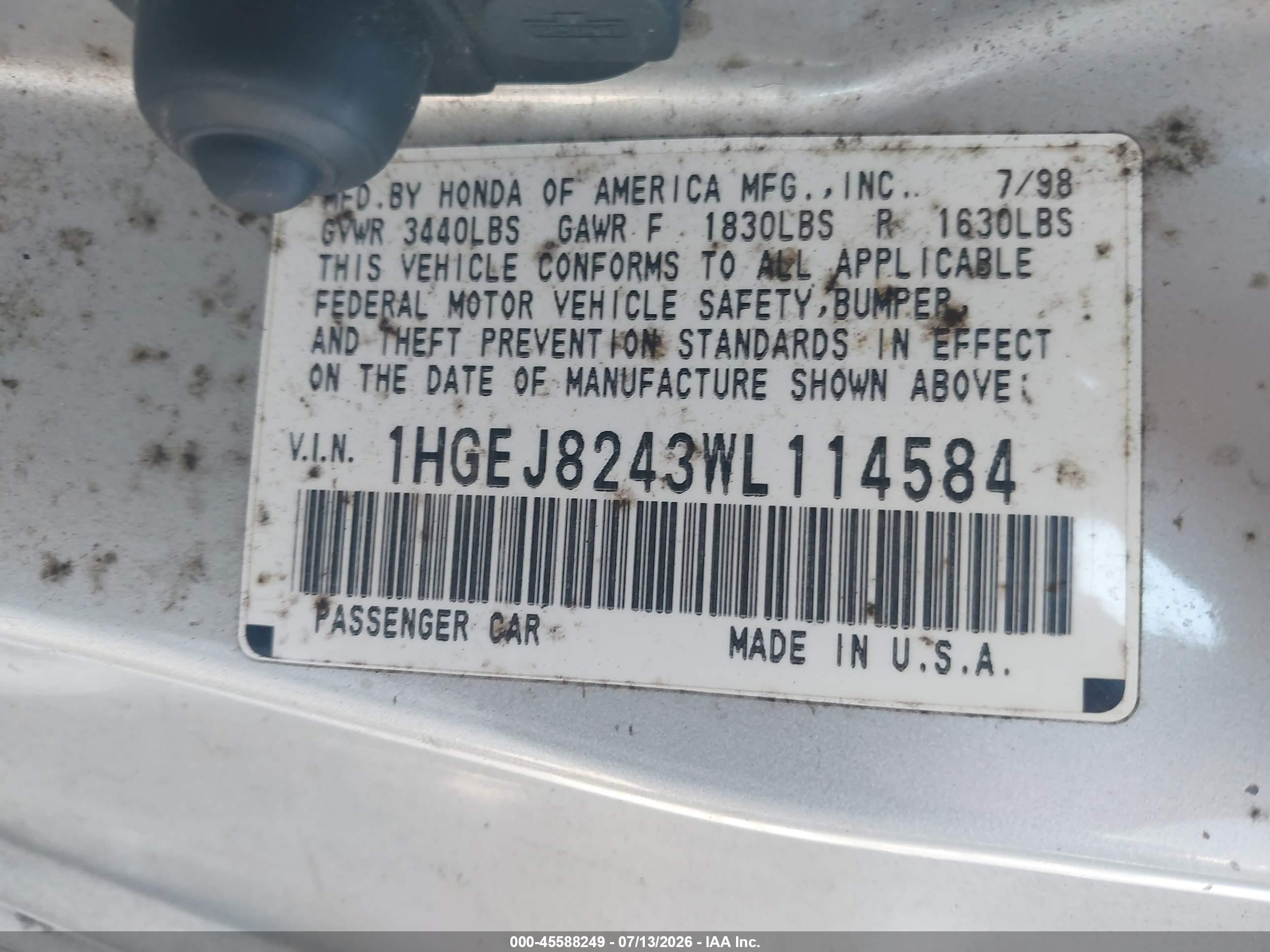 1998 Honda Civic Ex Silver vin: 1HGEJ8243WL114584