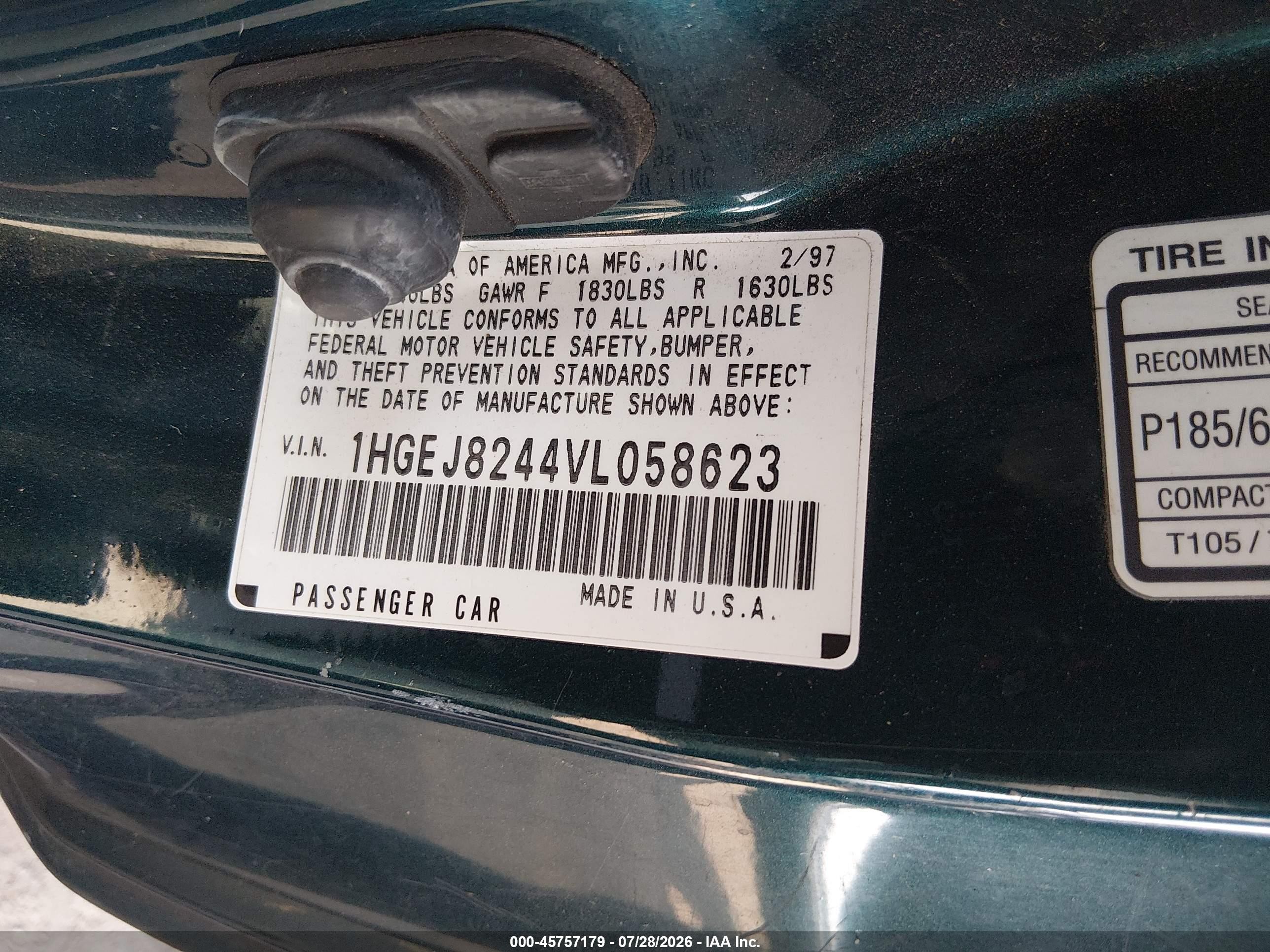 1997 Honda Civic Ex Зеленый vin: 1HGEJ8244VL058623