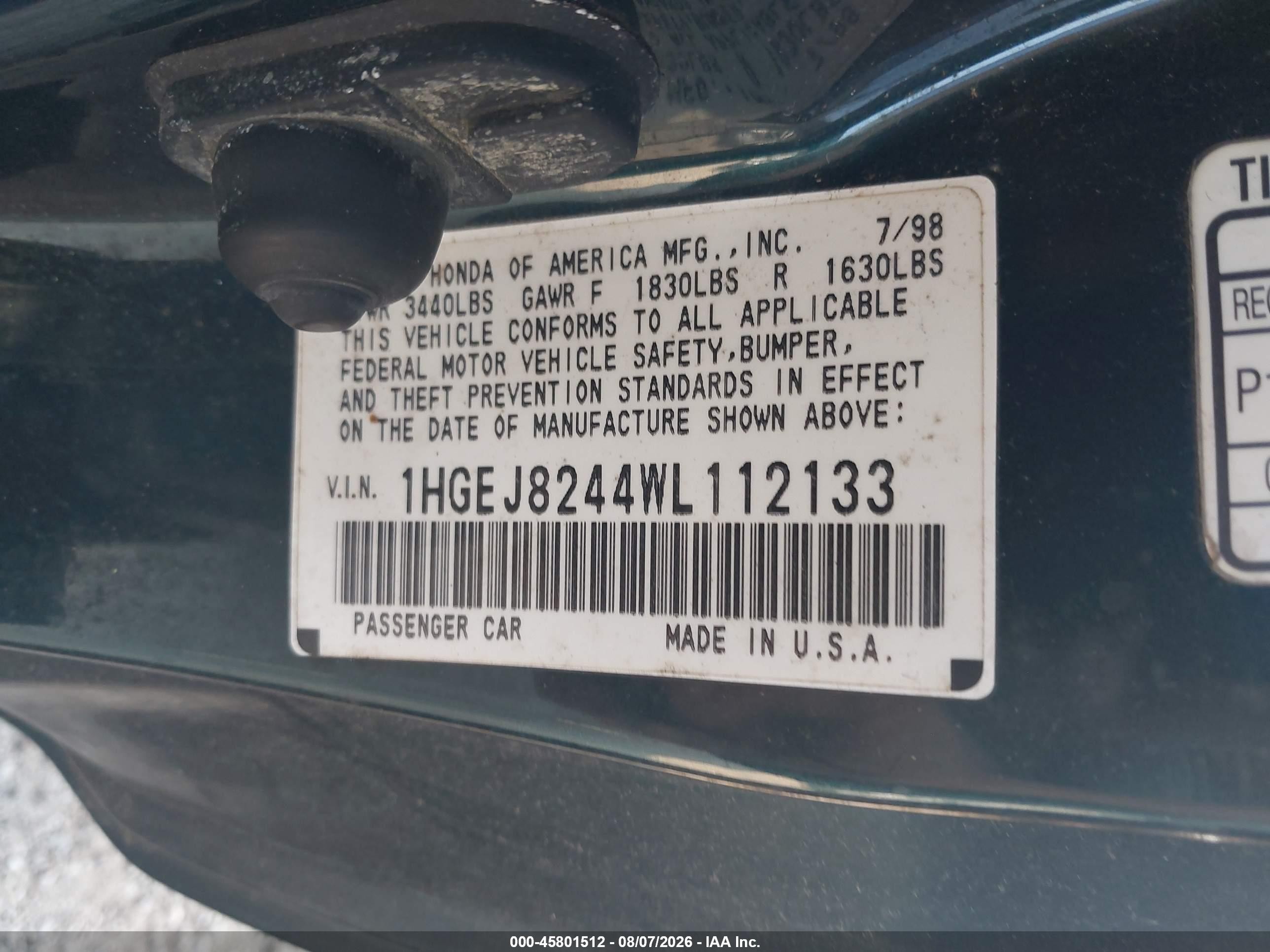 1998 Honda Civic Ex Green vin: 1HGEJ8244WL112133