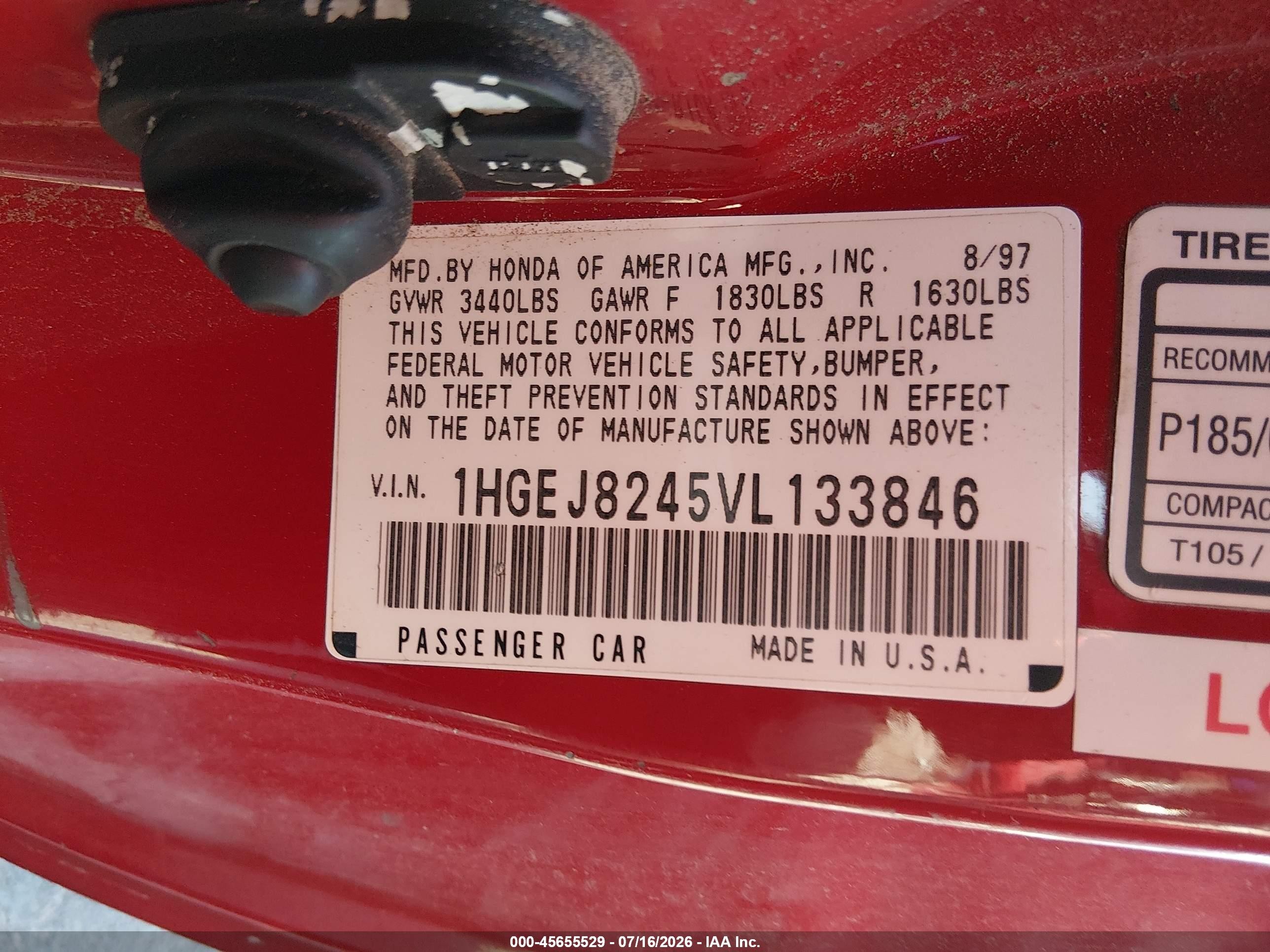 1997 Honda Civic Ex Red vin: 1HGEJ8245VL133846