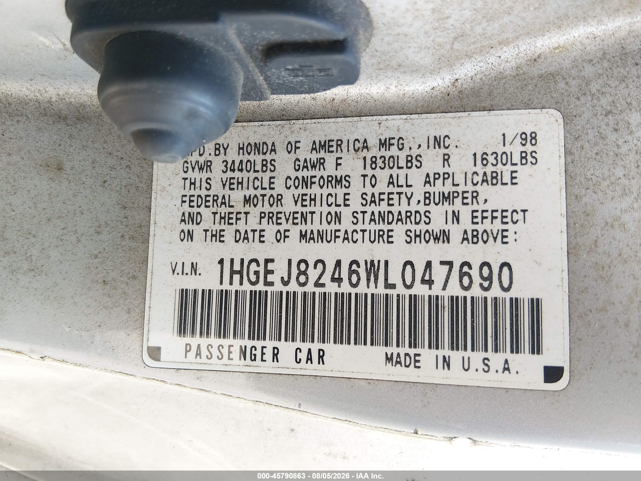 1998 Honda Civic Ex Серебряный vin: 1HGEJ8246WL047690