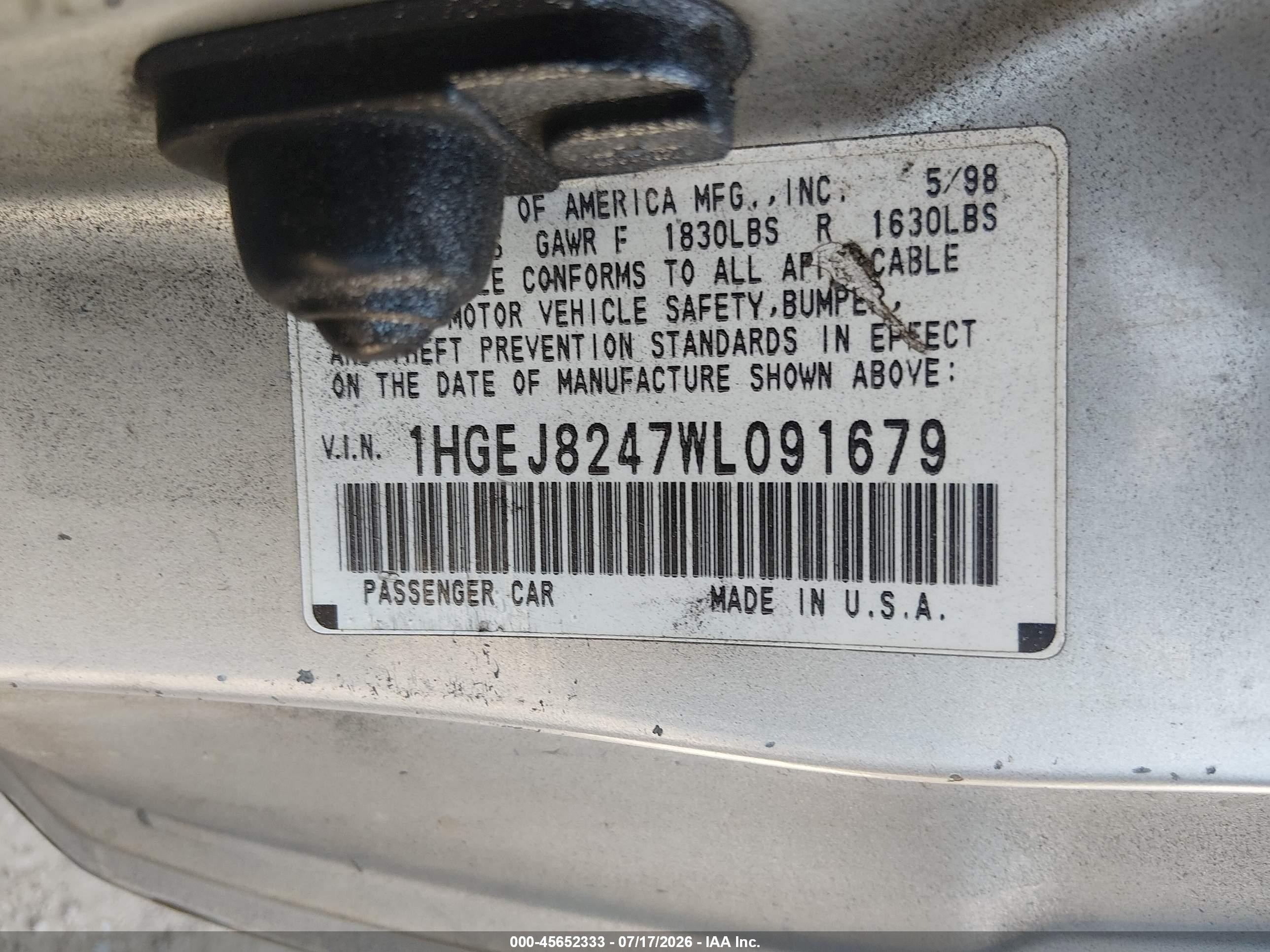 1998 Honda Civic Ex Silver vin: 1HGEJ8247WL091679