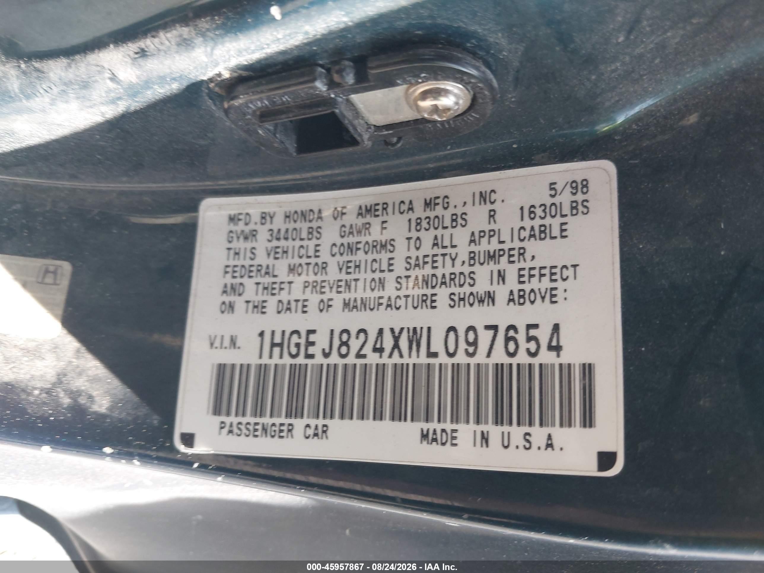 1998 Honda Civic Ex Green vin: 1HGEJ824XWL097654
