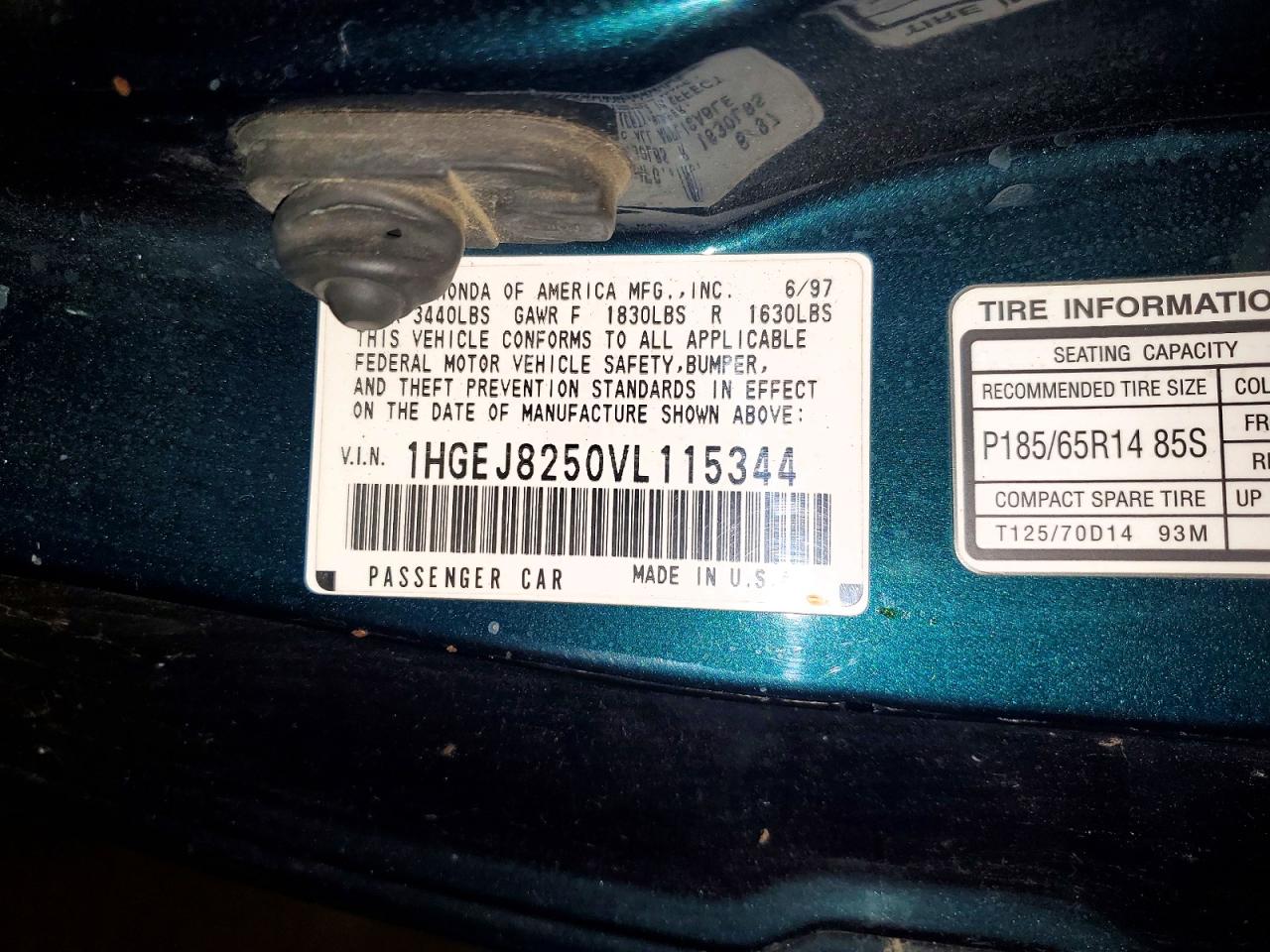 1997 Honda Civic Ex Green vin: 1HGEJ8250VL115344
