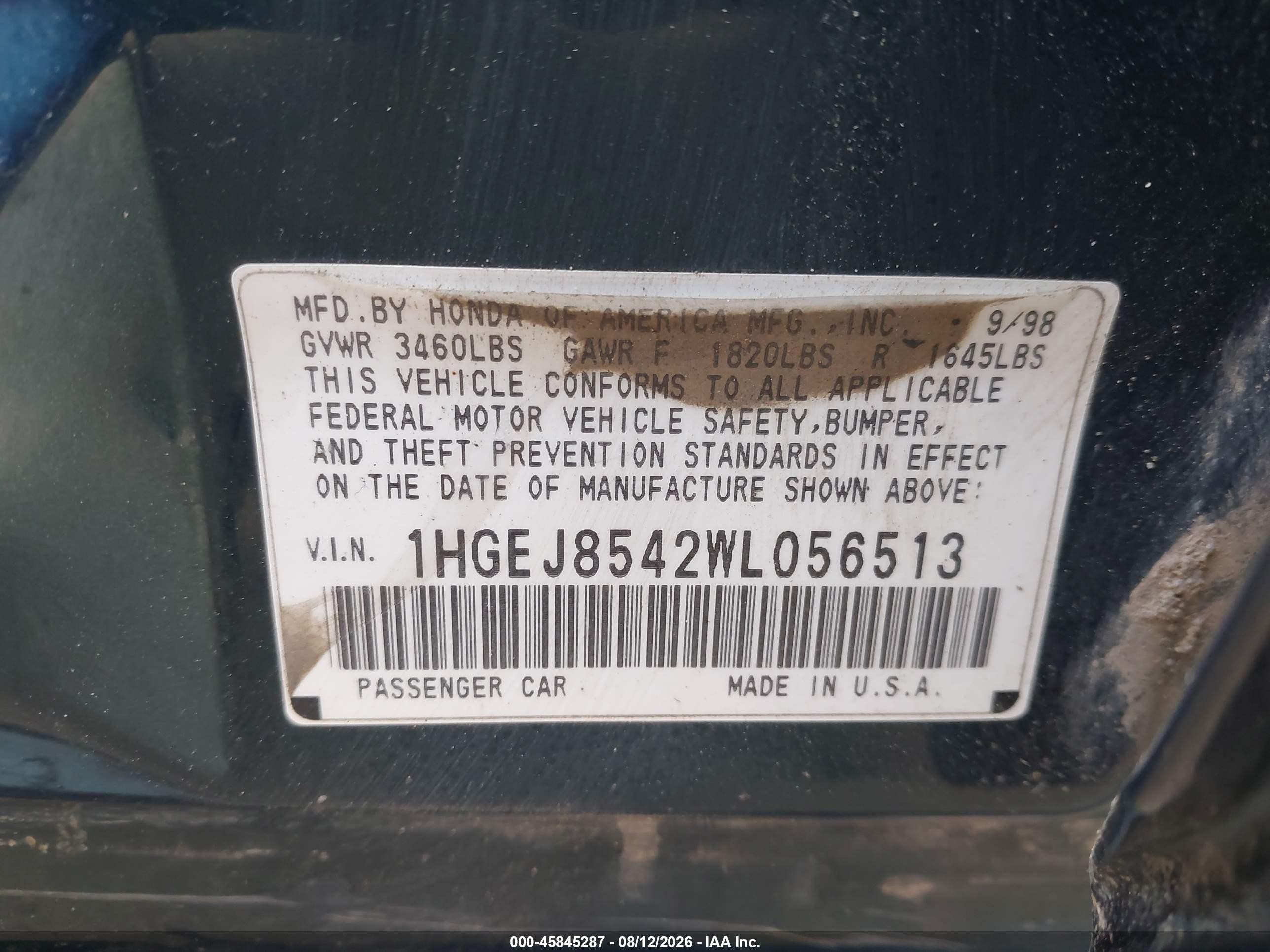 1998 Honda Civic Ex Green vin: 1HGEJ8542WL056513