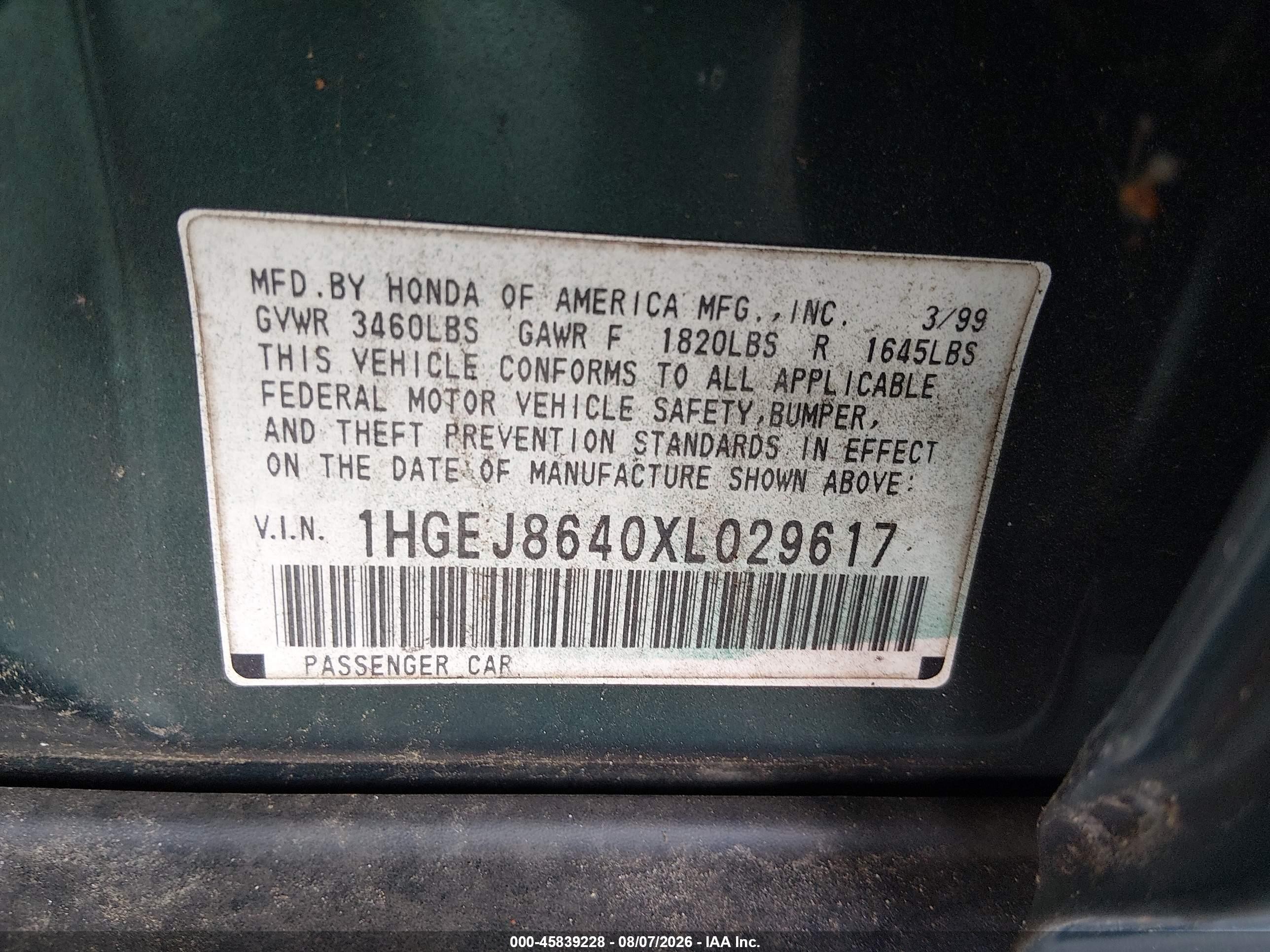 1999 Honda Civic Ex Green vin: 1HGEJ8640XL029617