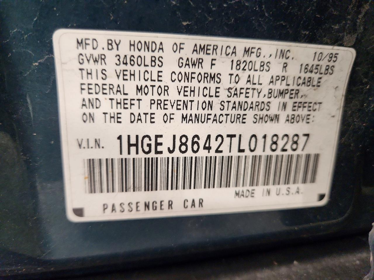 1996 Honda Civic Ex Green vin: 1HGEJ8642TL018287