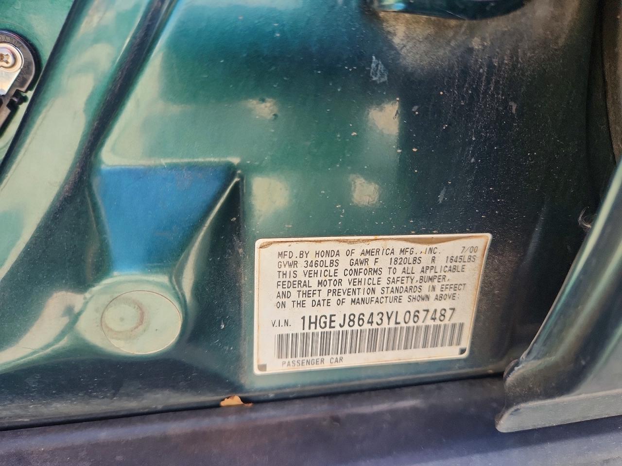 2000 Honda Civic Ex Green vin: 1HGEJ8643YL067487
