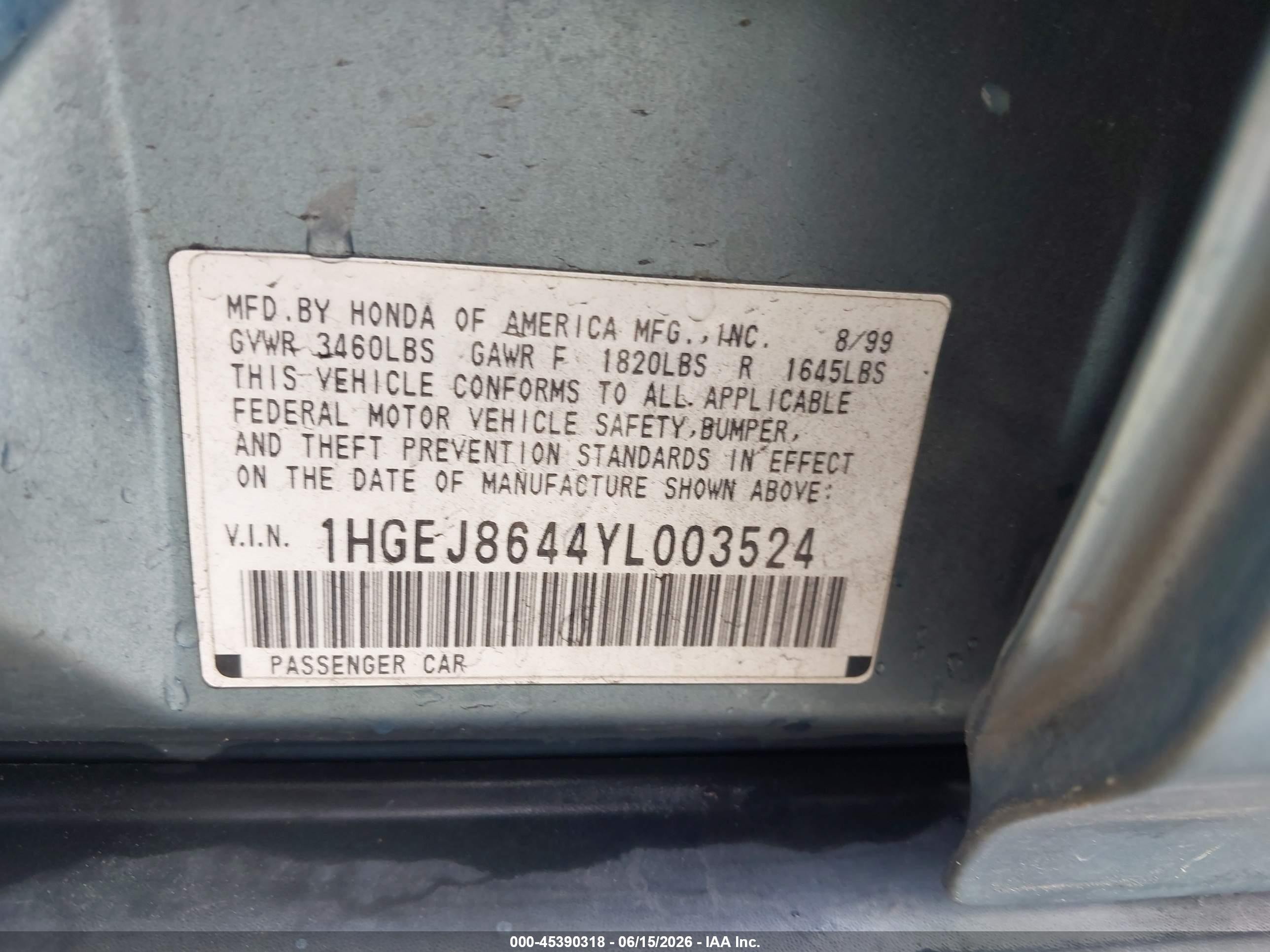 2000 Honda Civic Ex Blue vin: 1HGEJ8644YL003524