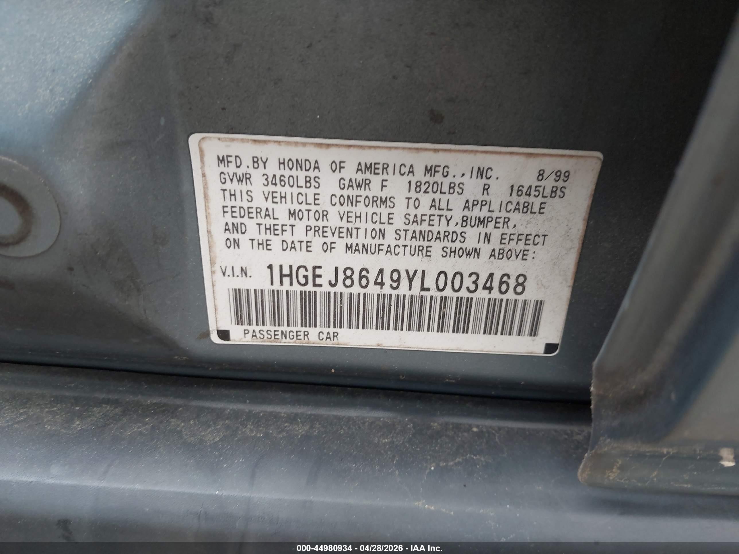 2000 Honda Civic Ex Light Blue vin: 1HGEJ8649YL003468