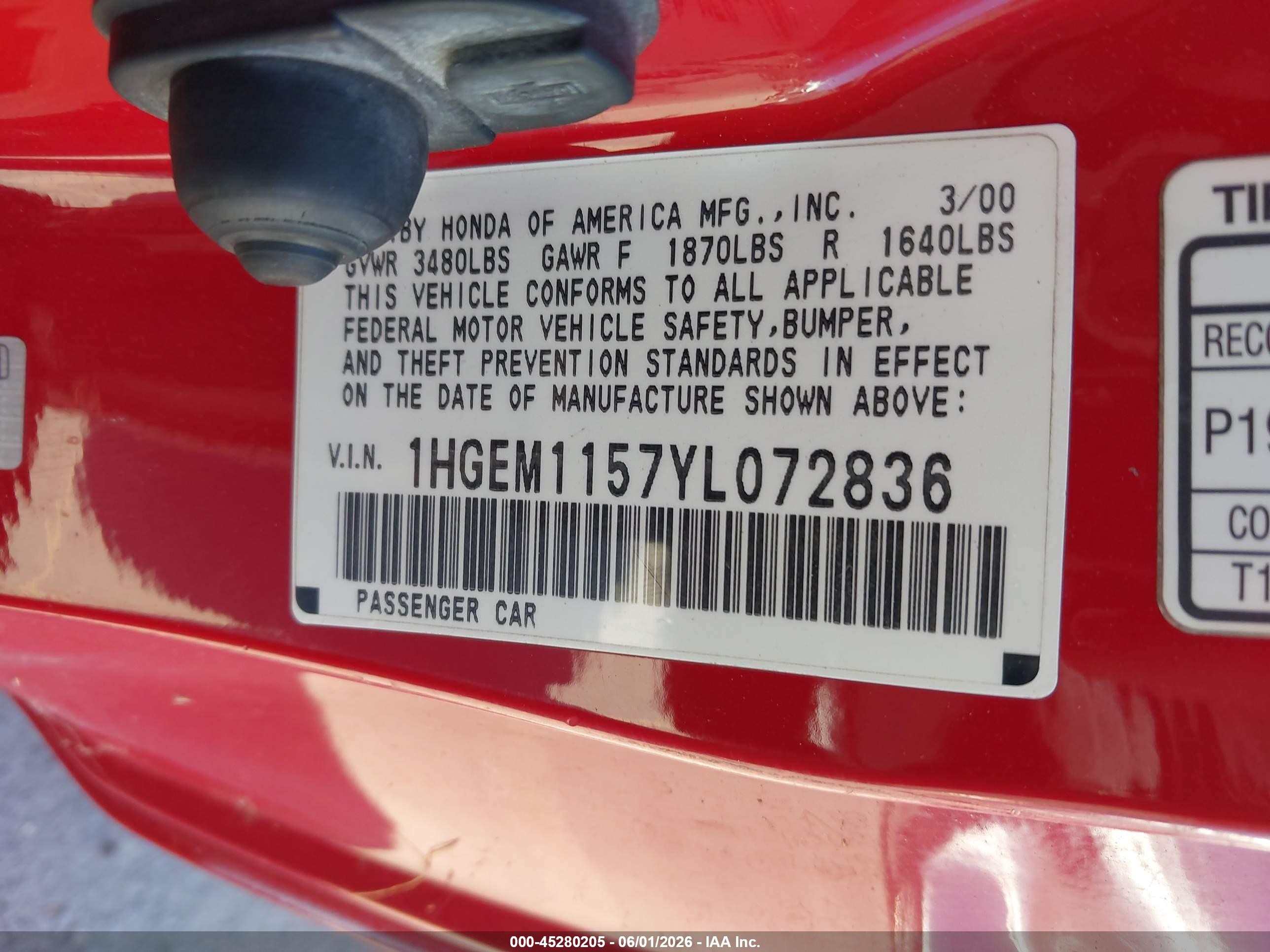 2000 Honda Civic Si Red vin: 1HGEM1157YL072836