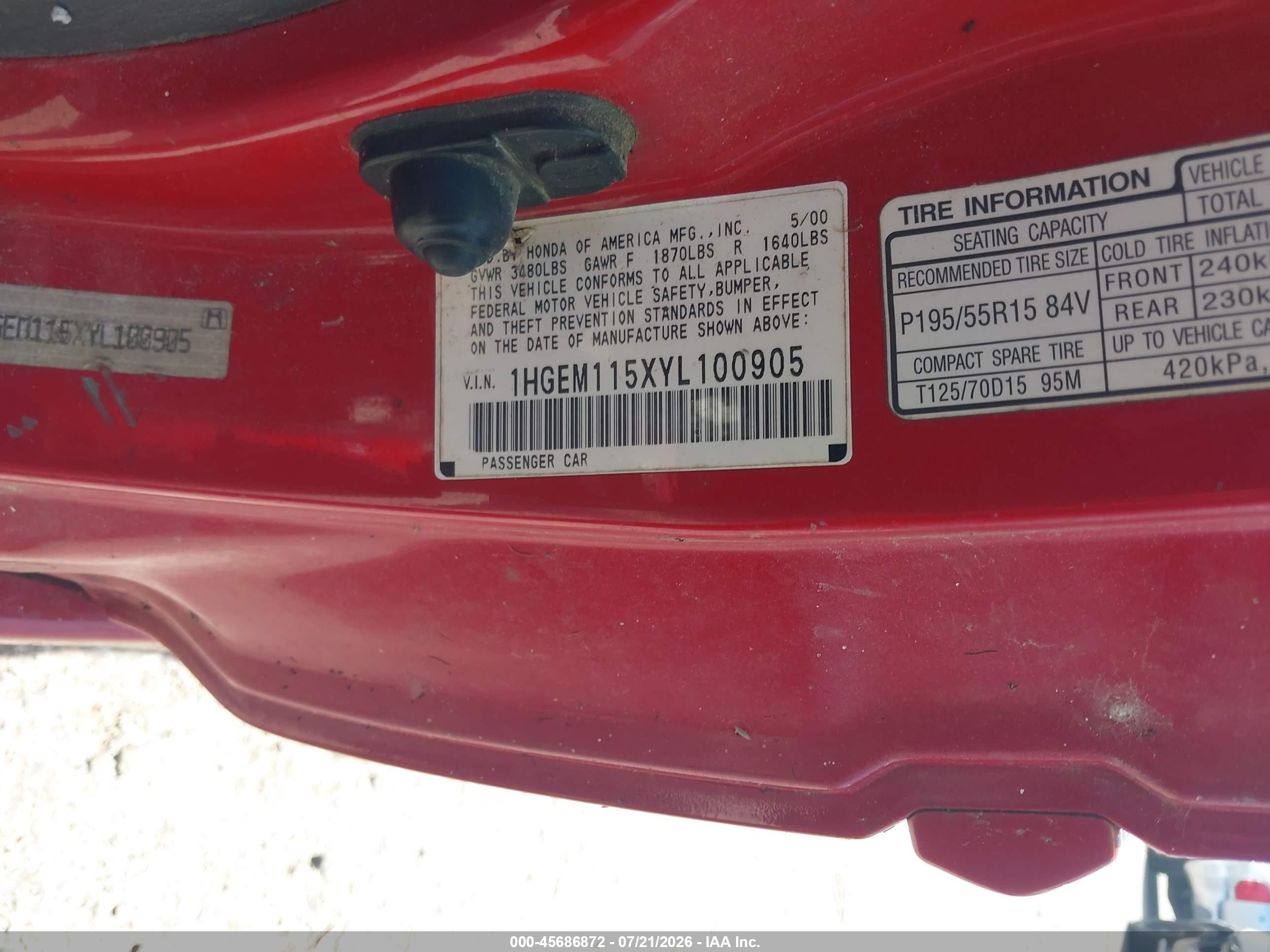 2000 Honda Civic Si Red vin: 1HGEM115XYL100905