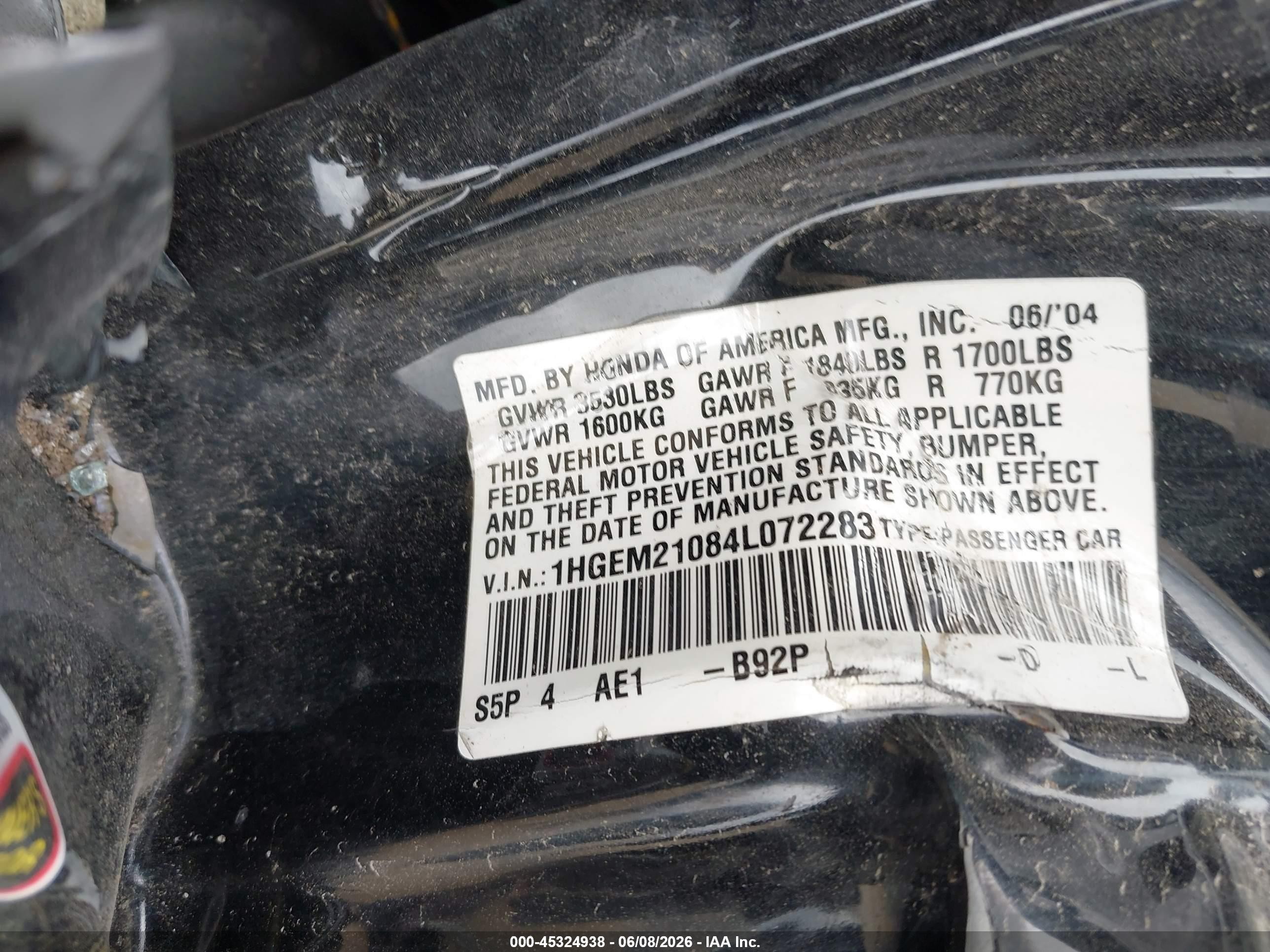 2004 Honda Civic Ex Black vin: 1HGEM21084L072283