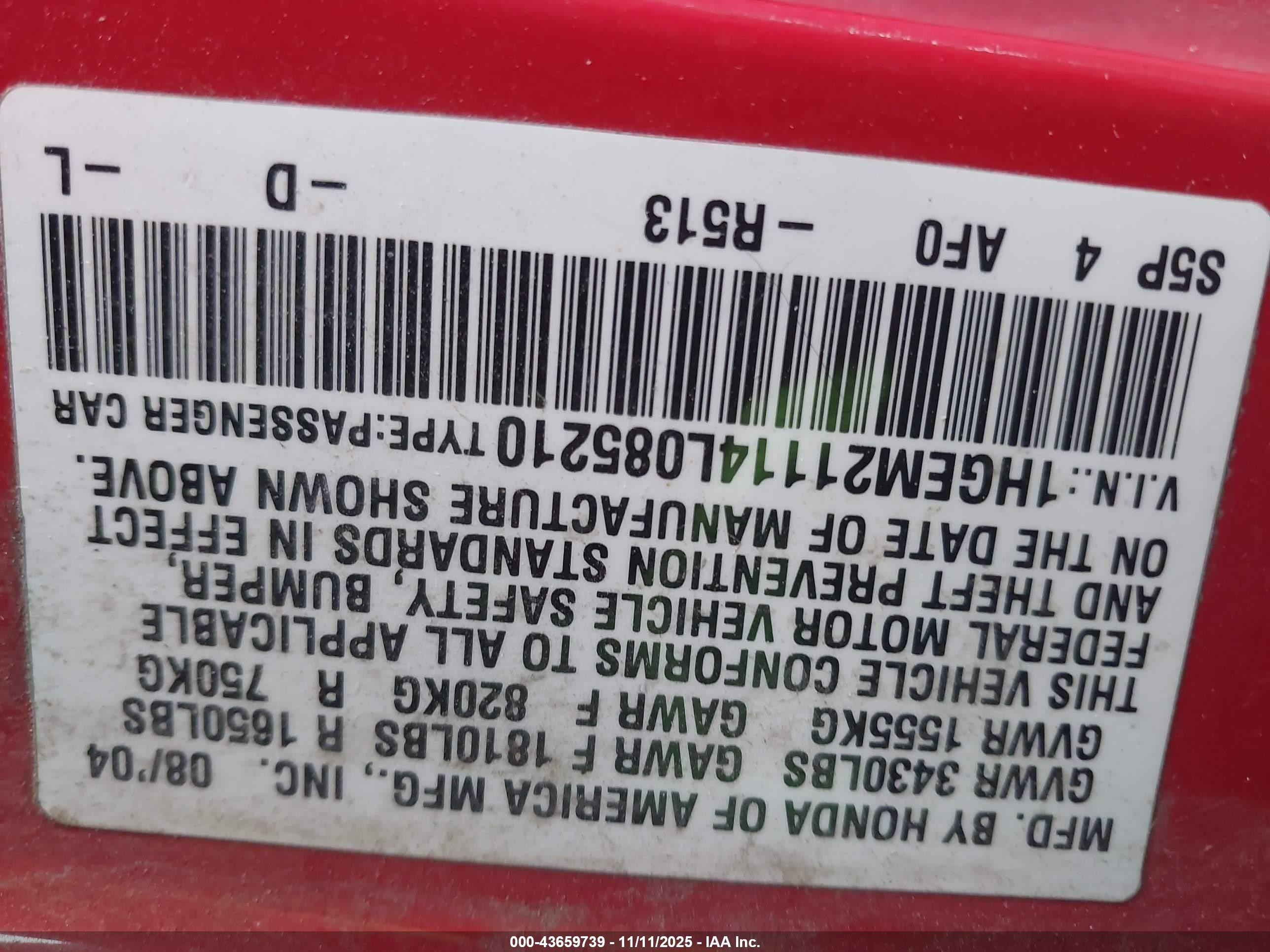 2004 Honda Civic Vp Red vin: 1HGEM21114L085210
