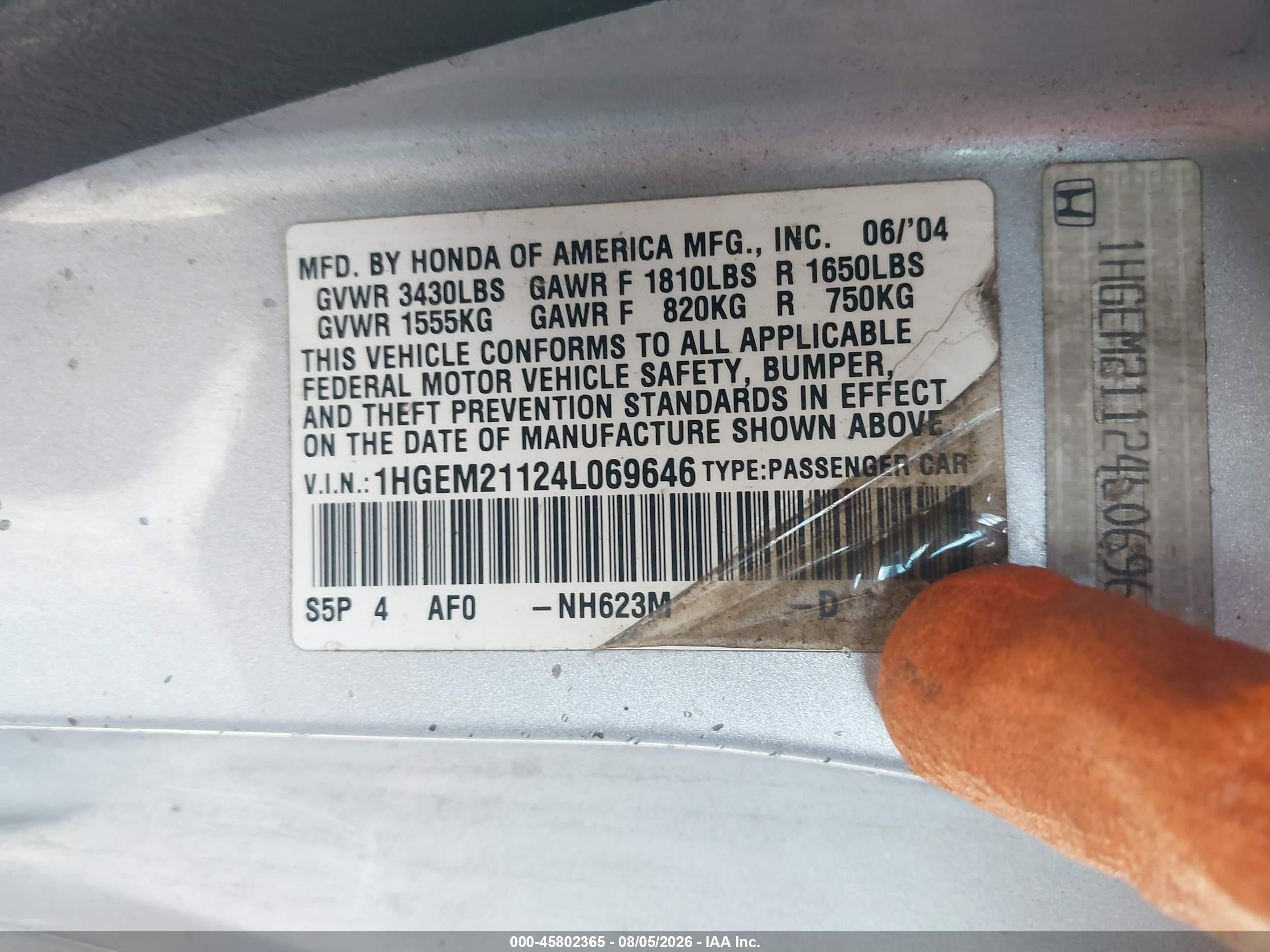 2004 Honda Civic Dx Vp Silver vin: 1HGEM21124L069646