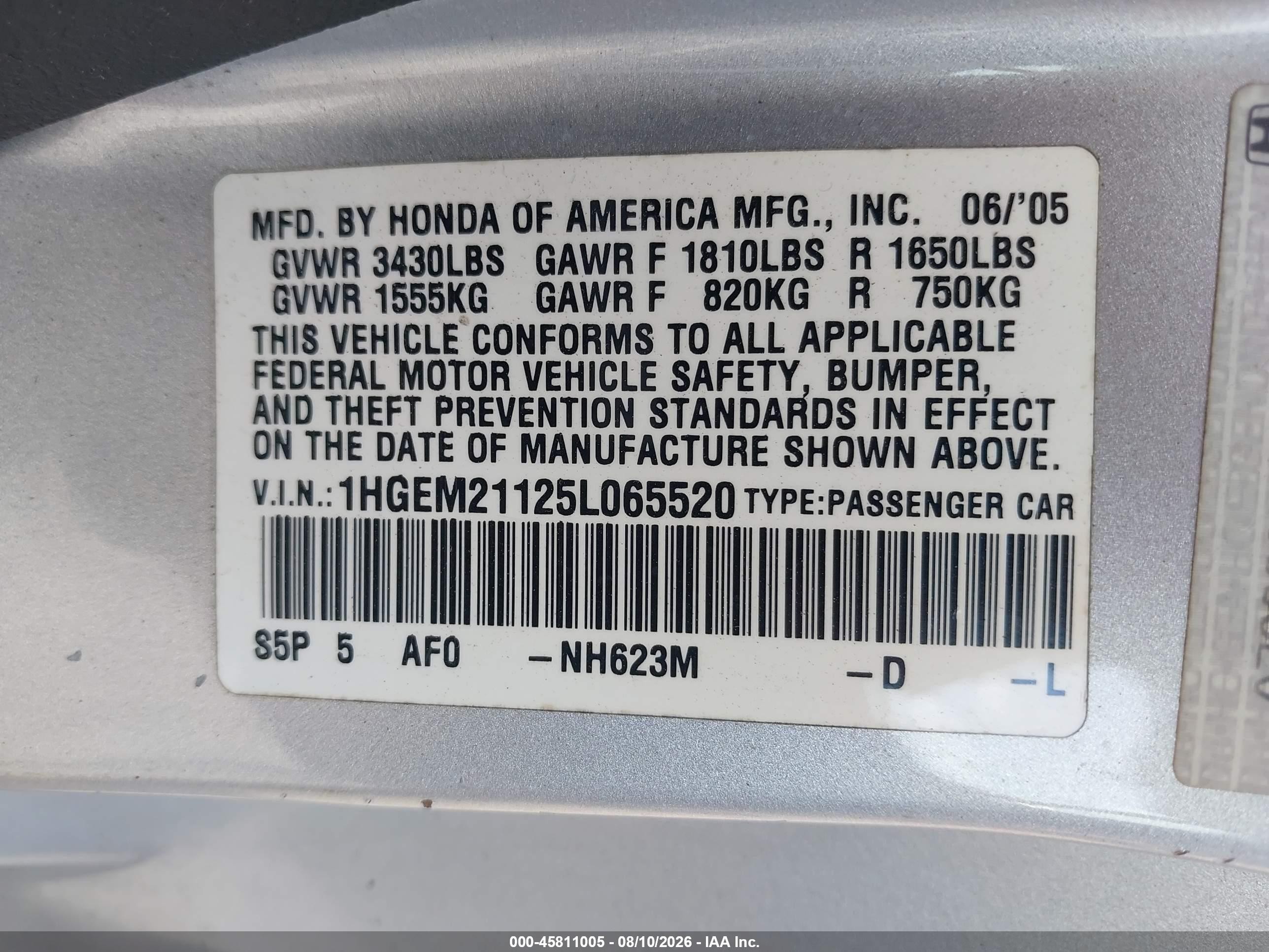 2005 Honda Civic Vp Silver vin: 1HGEM21125L065520