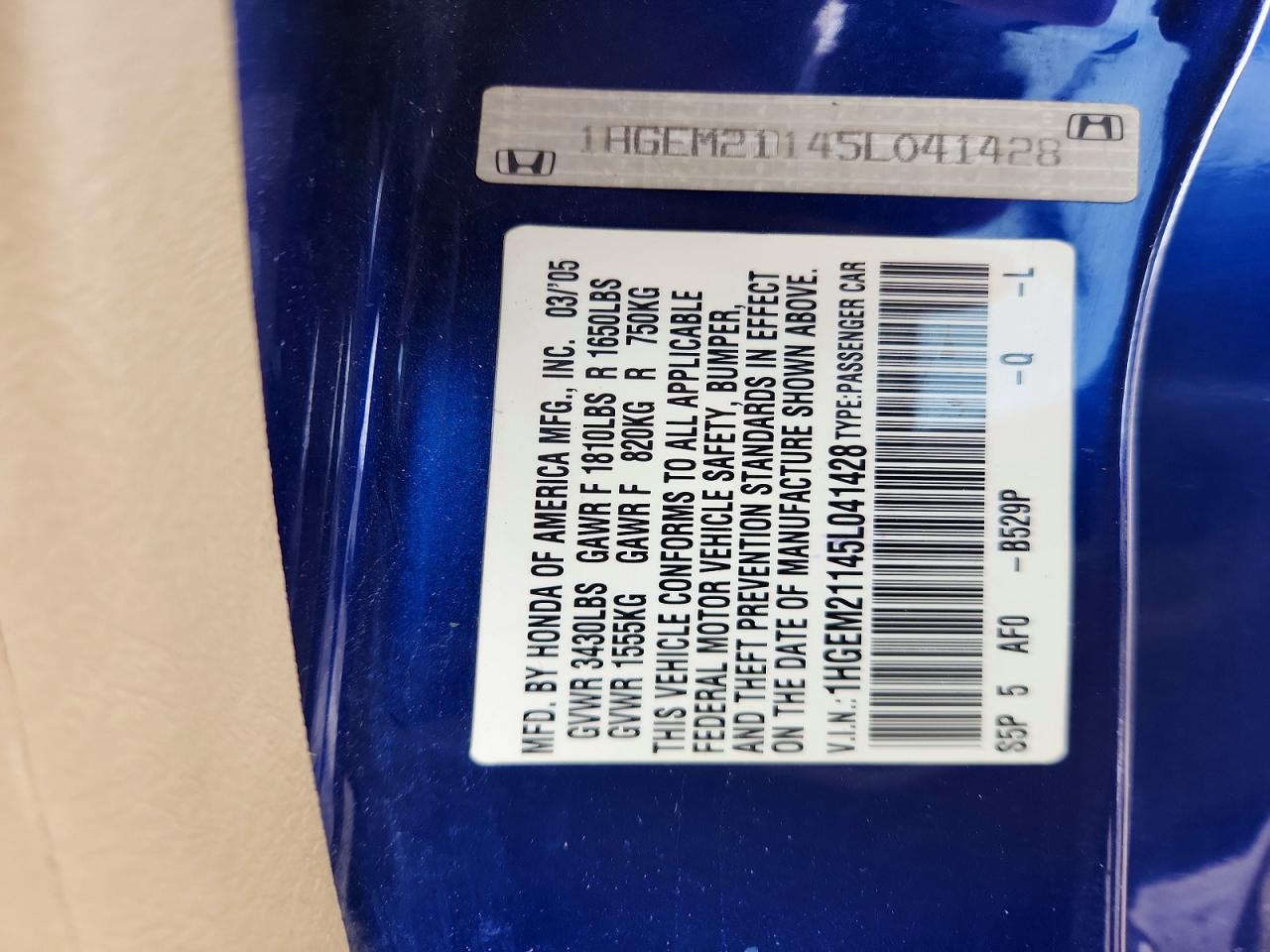 2005 Honda Civic Dx Vp Blue vin: 1HGEM21145L041428