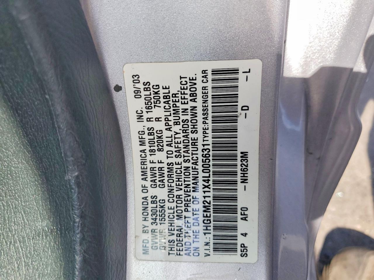 2004 Honda Civic Dx Vp Silver vin: 1HGEM211X4L005631