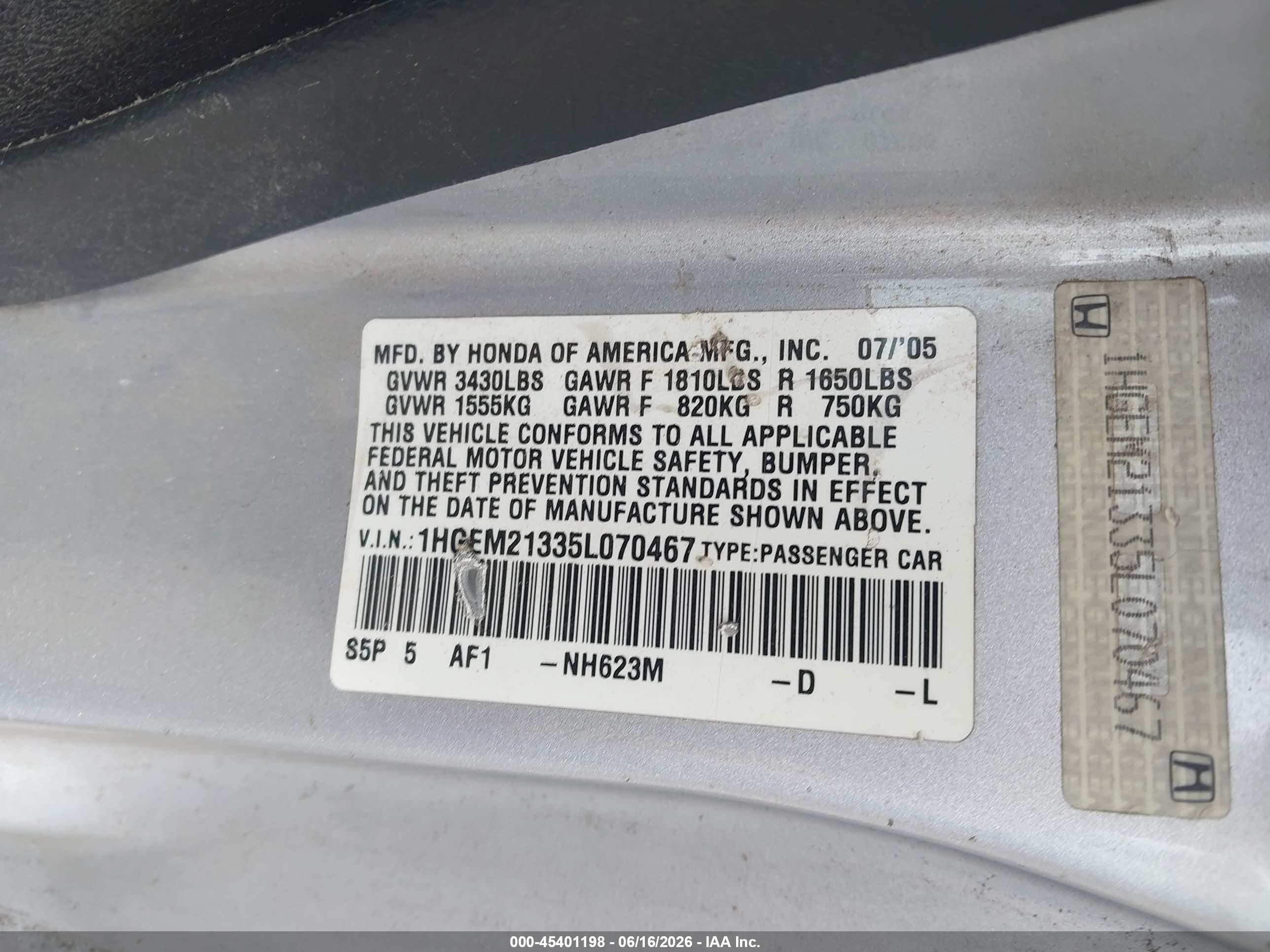 2005 Honda Civic Vp Silver vin: 1HGEM21335L070467