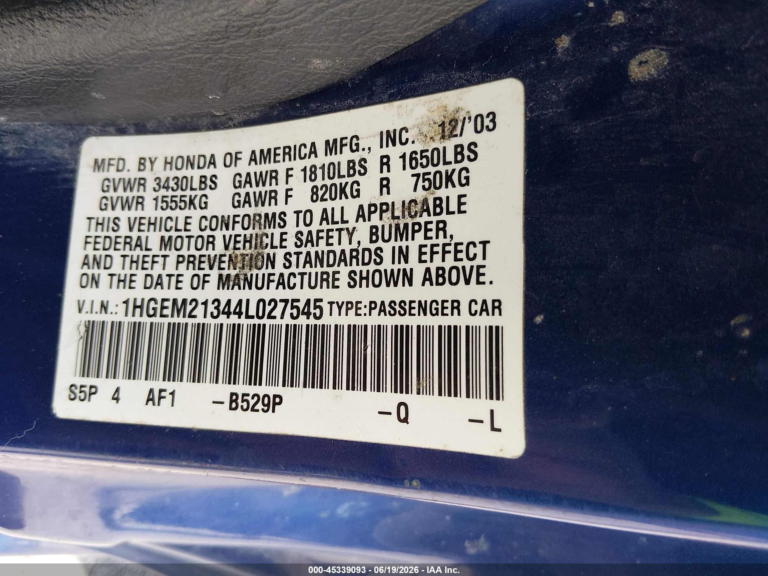 2004 Honda Civic Vp Blue vin: 1HGEM21344L027545